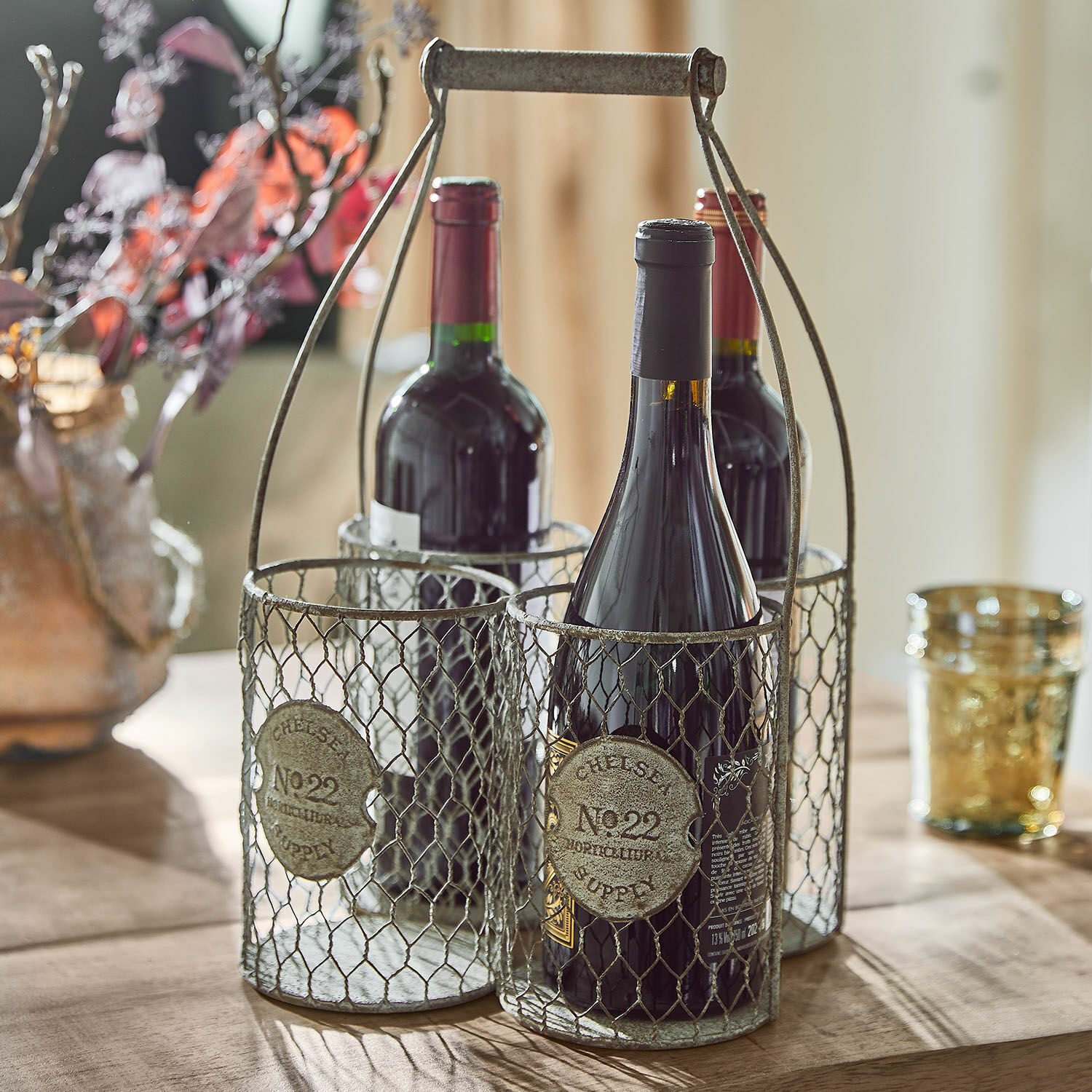 Panier à bouteilles Alexandre Porte-bouteilles en métal pour quatre bouteilles de vin avec poignée et structure en treillis