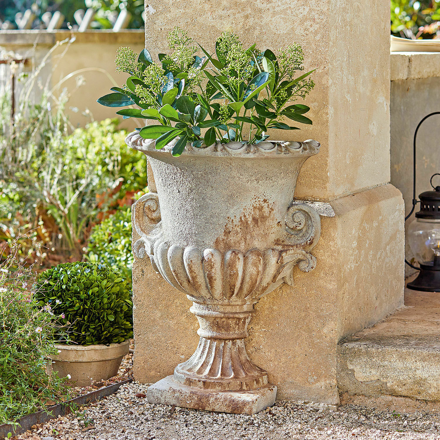 Amphore Cevio Jardinière décorative en pierre beige avec plantes vertes pour jardin extérieur