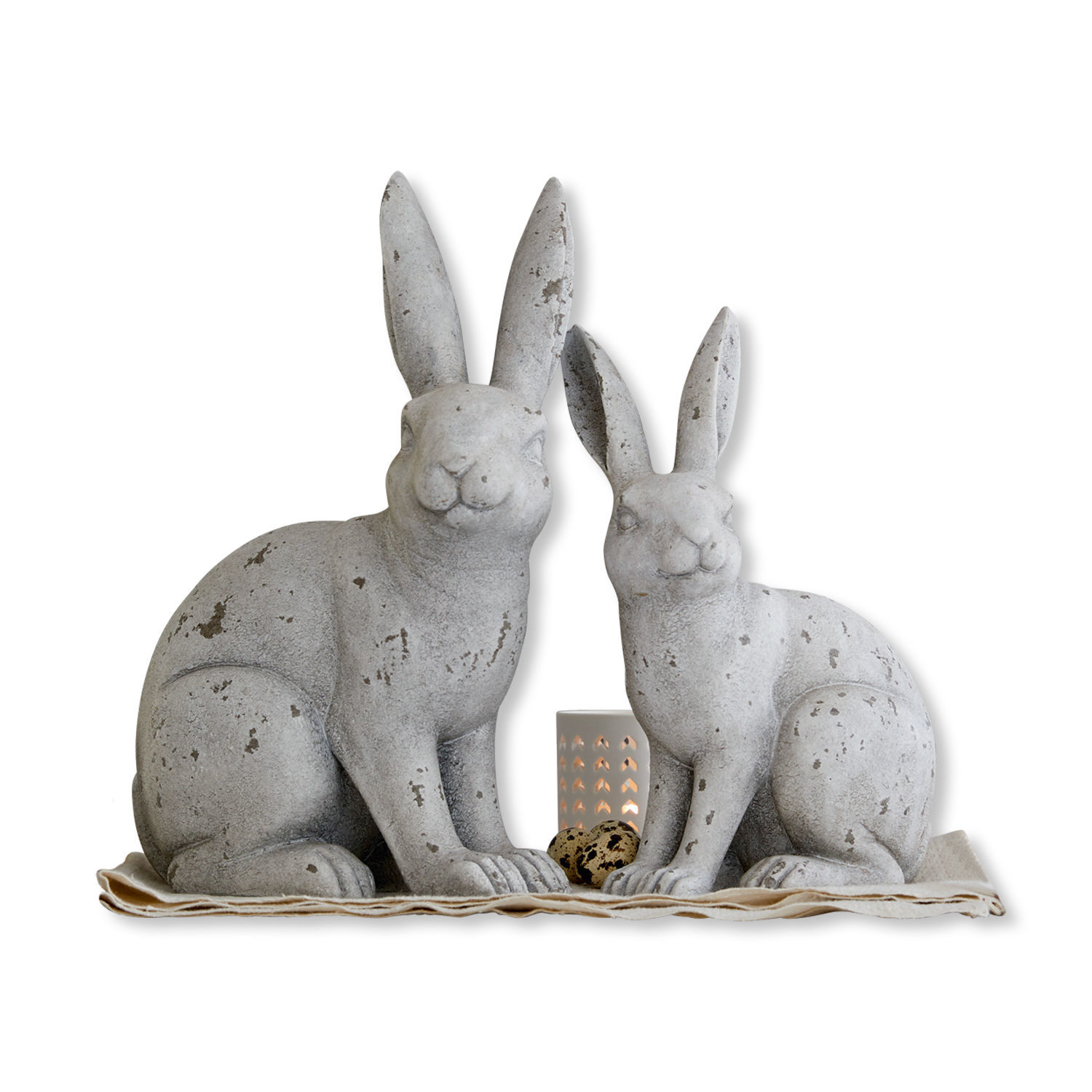 Lot de 2 lapins Jaienne Figurines décoratives de lapins en béton gris sur tissu avec bougeoir et œufs décoratifs