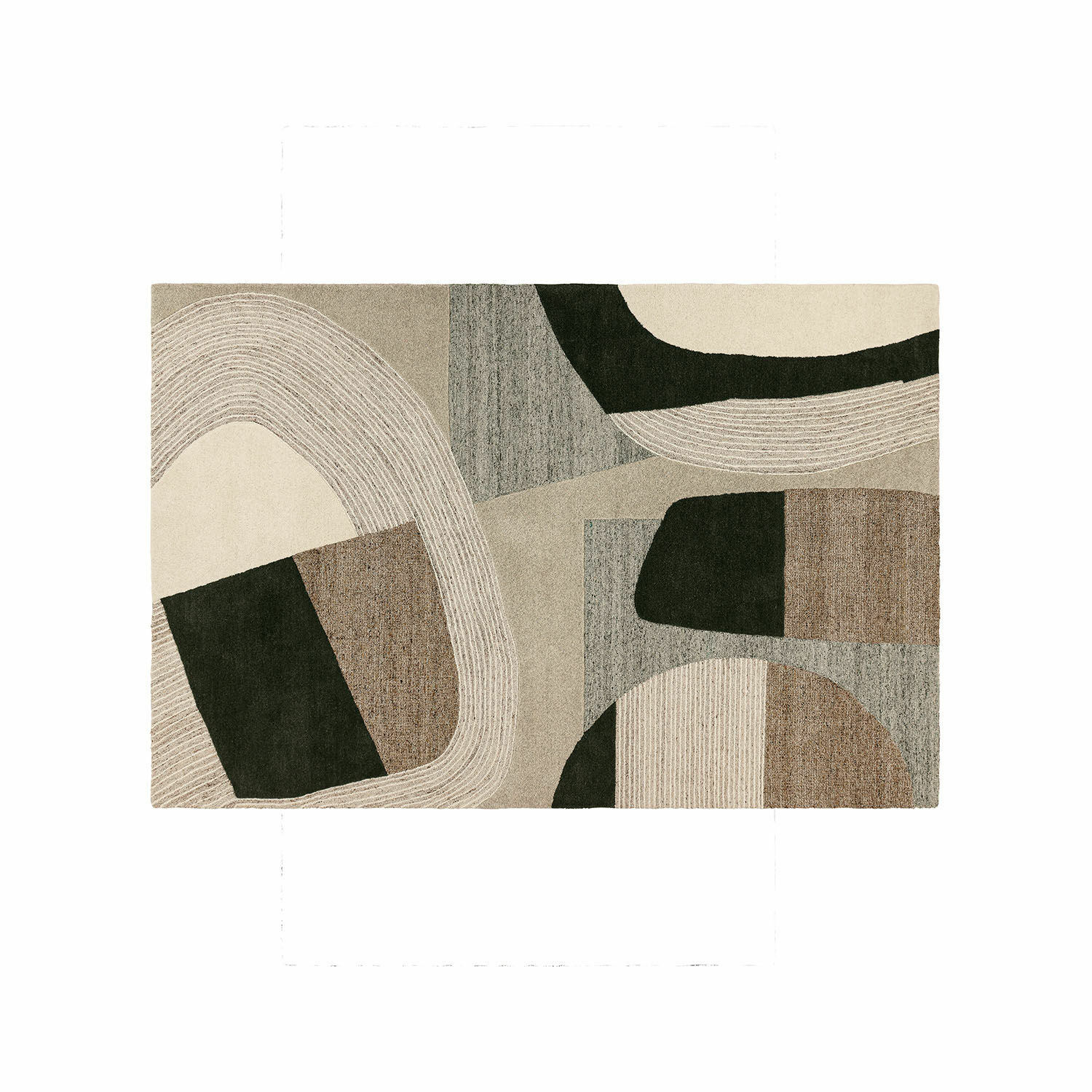 Tapis avec motif géométrique beige, marron et noir, matière douce pour salon moderne