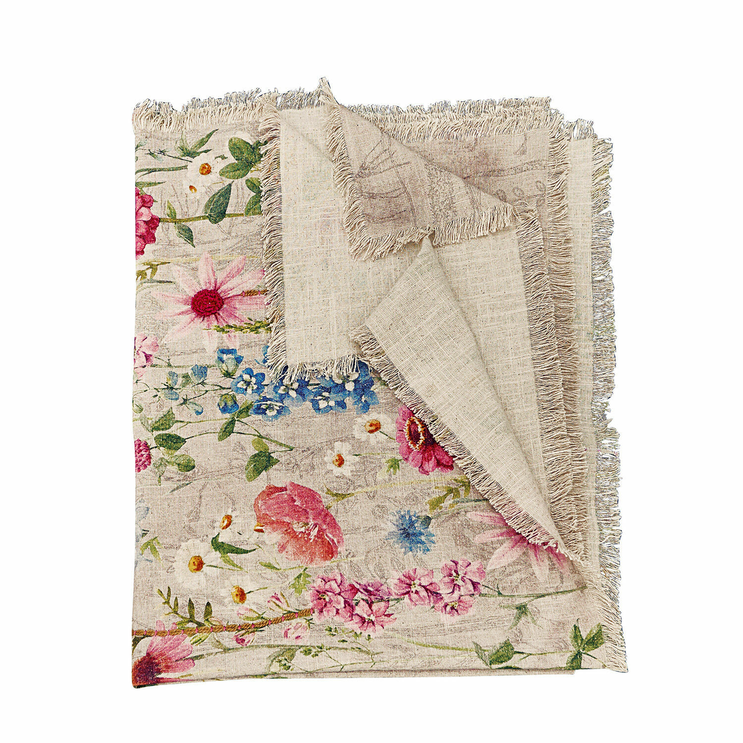 Plaid Eleonoire Nappe en lin avec motif floral et franges dans des tons naturels pour décoration de table