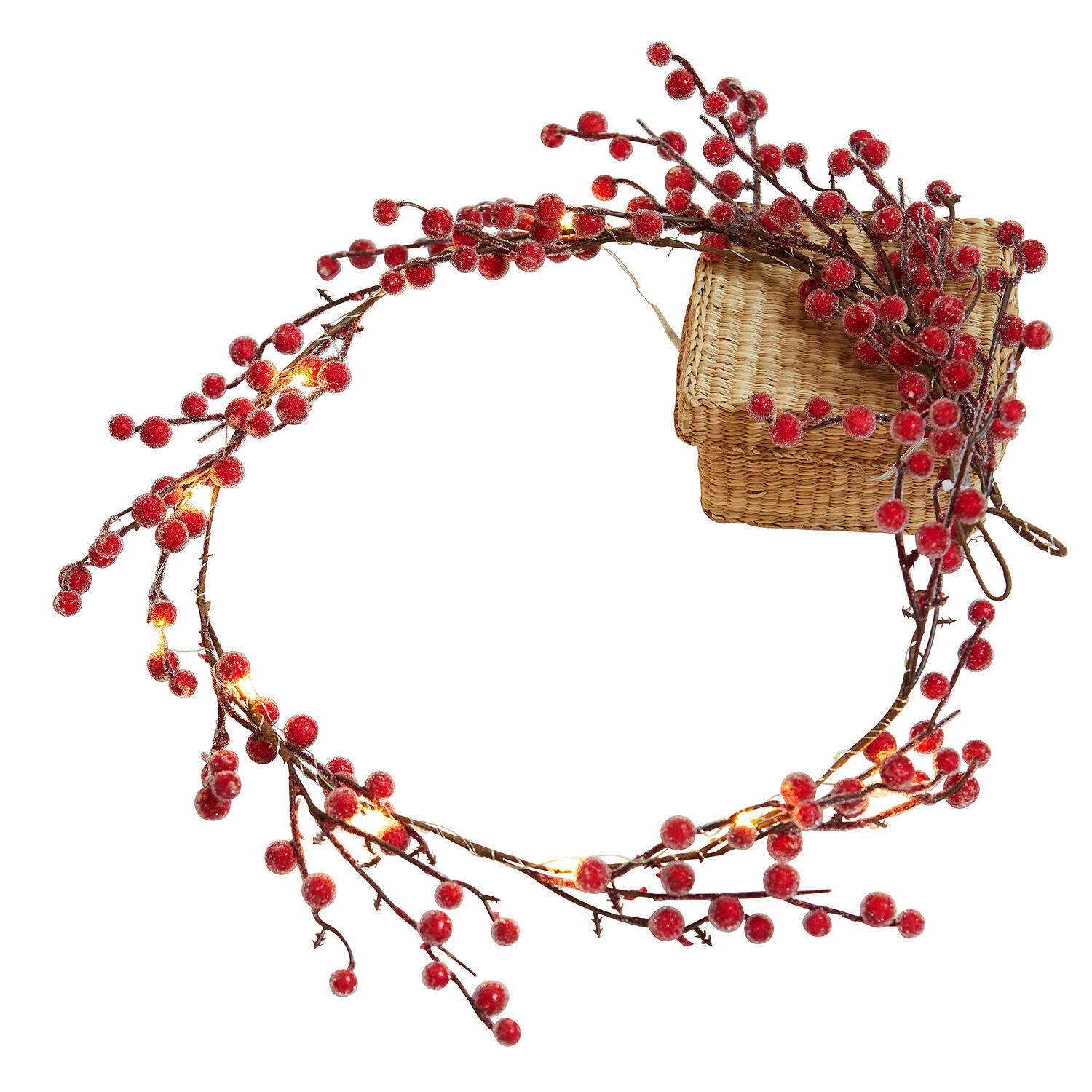 Guirlande lumineuse LED Rimont Couronne décorative avec baies rouges et lumières LED chaudes sur fond naturel