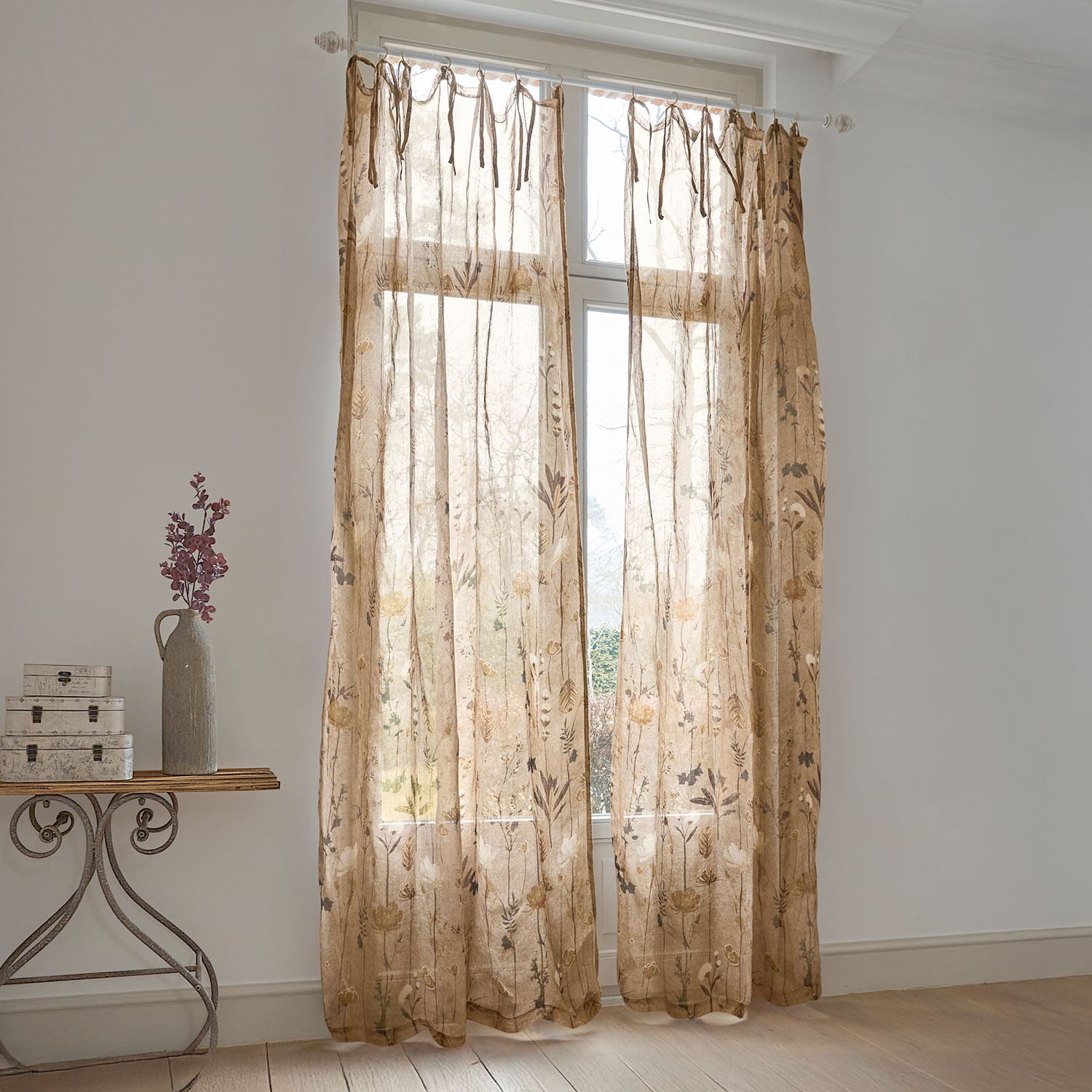 Rideaux transparents en lin beige avec motif floral, décoration de fenêtre élégante pour salon