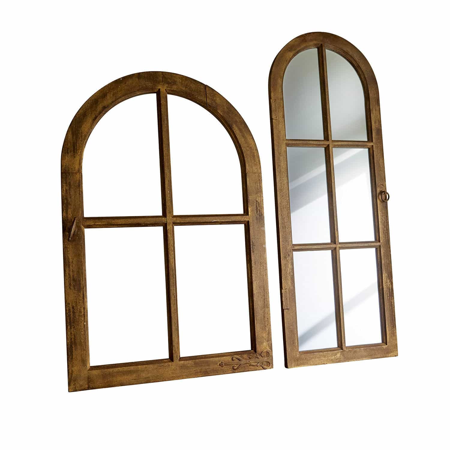 Miroir et fenêtre décorative Crowley Deux miroirs en bois avec cadre arrondi marron, style fenêtre, pour décoration murale intérieure