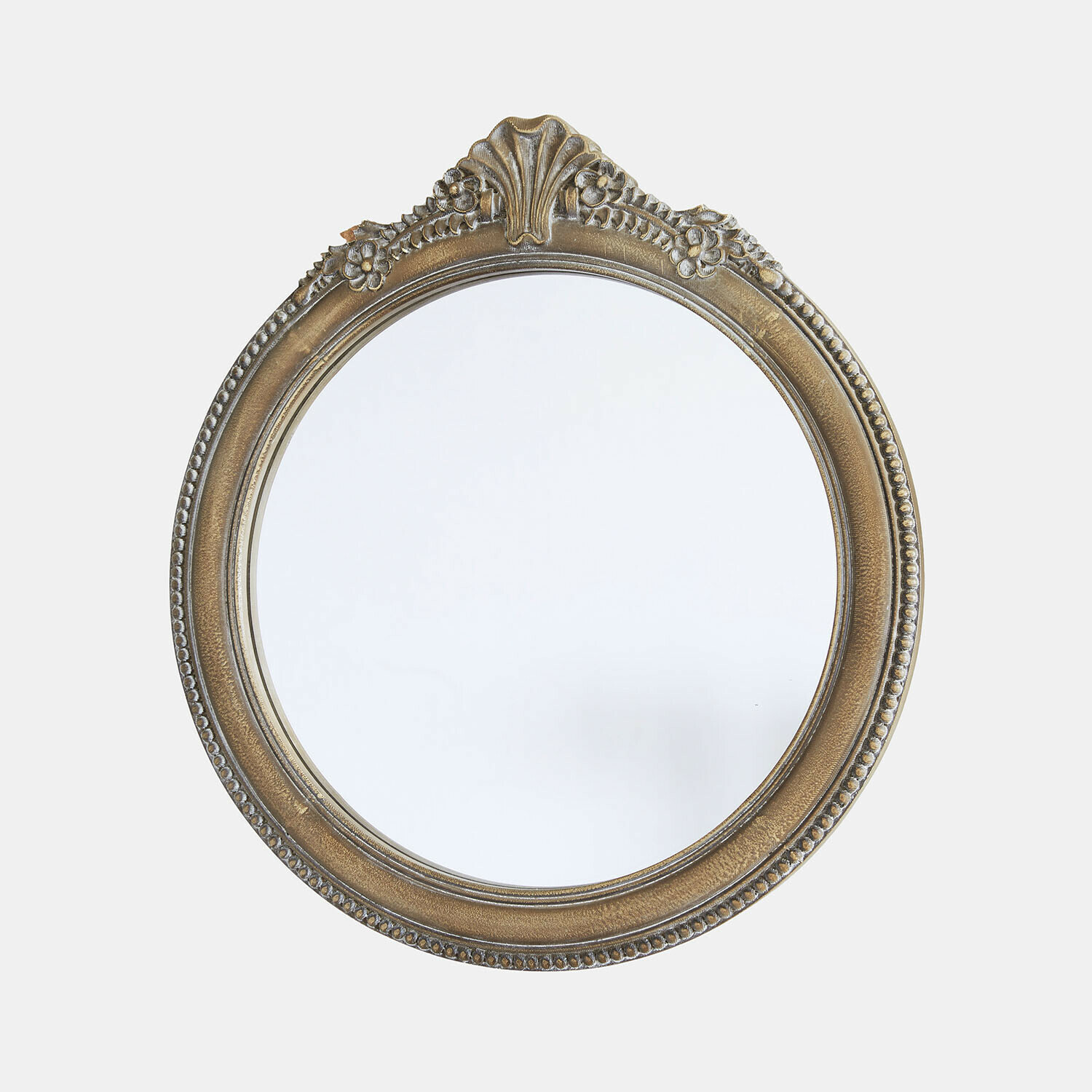 Miroir rond avec cadre orné couleur or ancien et décor floral, verre miroir clair