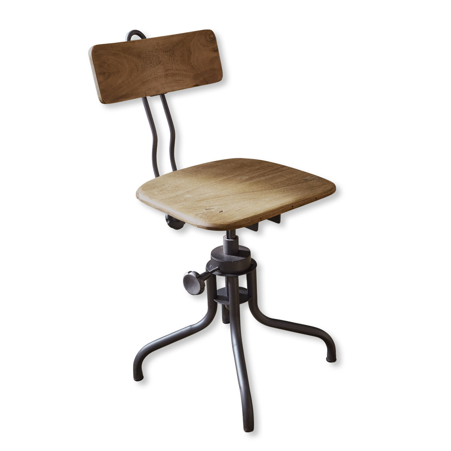 Chaise Richie Chaise pivotante en bois et métal style industriel, assise bois naturel et structure noire