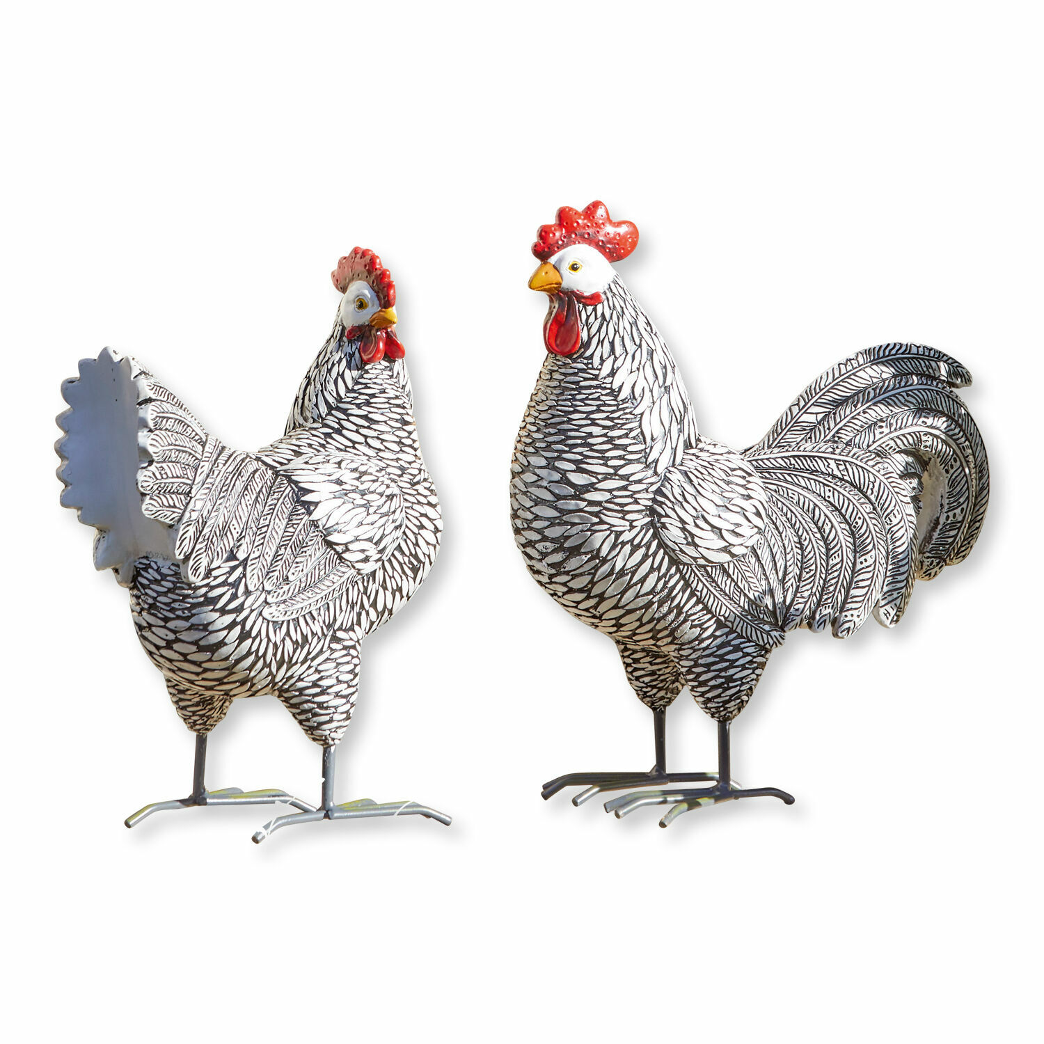 Coq et poule Mannis Figurines décoratives de coq et poule en métal blanc et noir avec crêtes rouges, décoration rustique