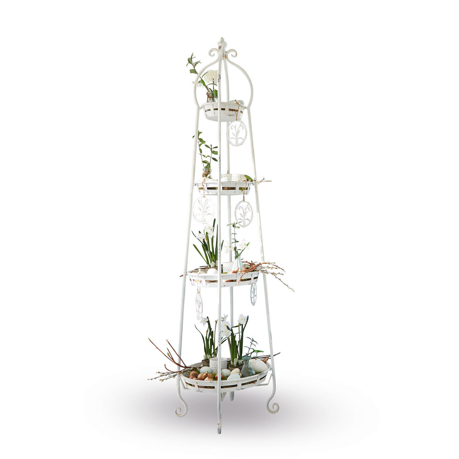 Présentoir à étages Ipas Support de jardin en métal blanc avec trois étagères et décorations florales pour intérieur et extérieur