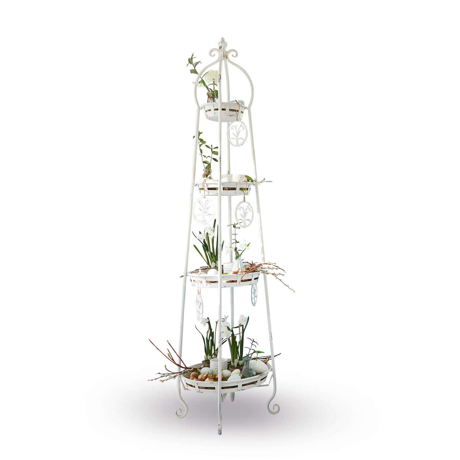 Présentoir à étages Ipas Support de jardin en métal blanc avec trois étagères et décorations florales pour intérieur et extérieur
