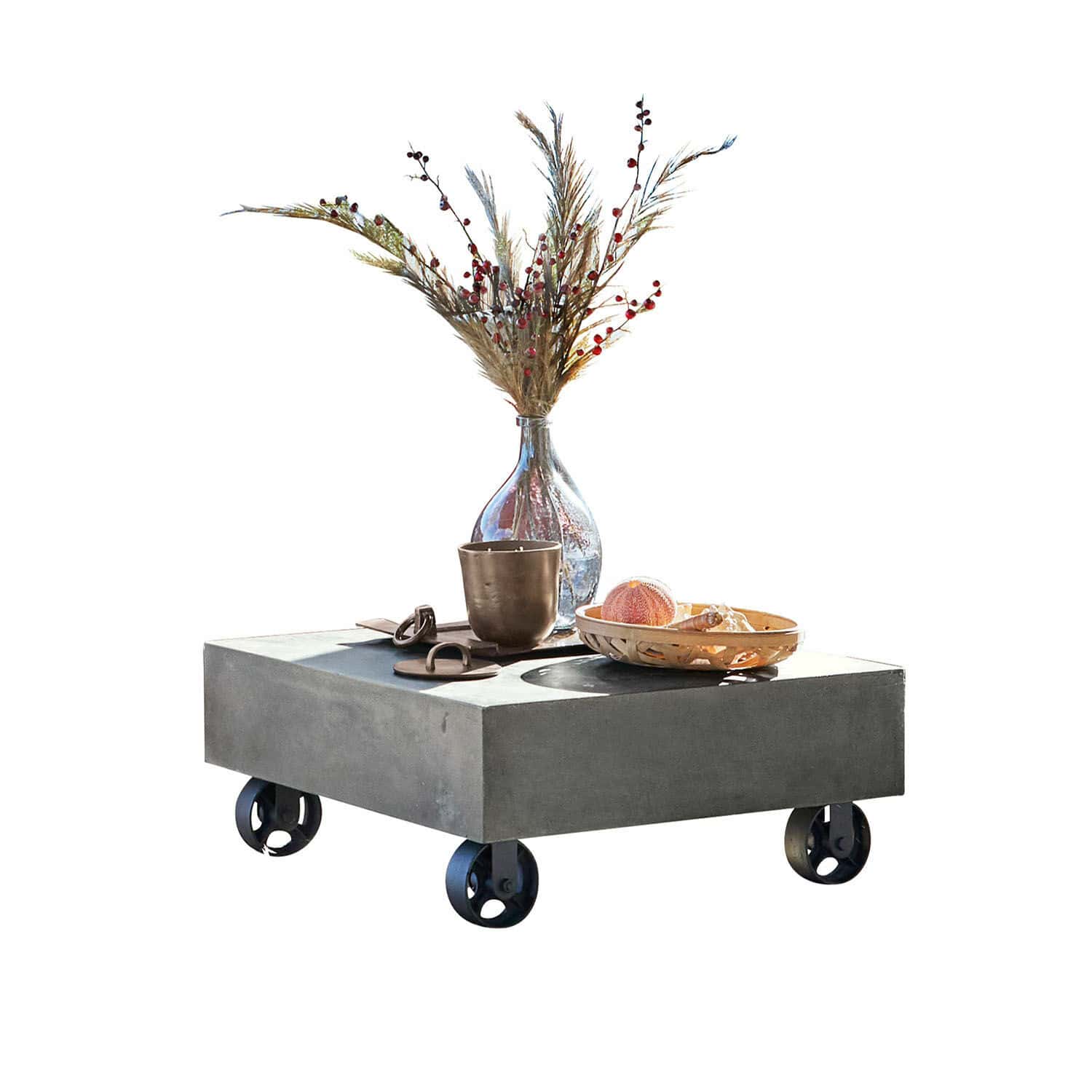 Table basse Kensington Place Table carrée en béton gris sur roulettes avec décorations sur le dessus