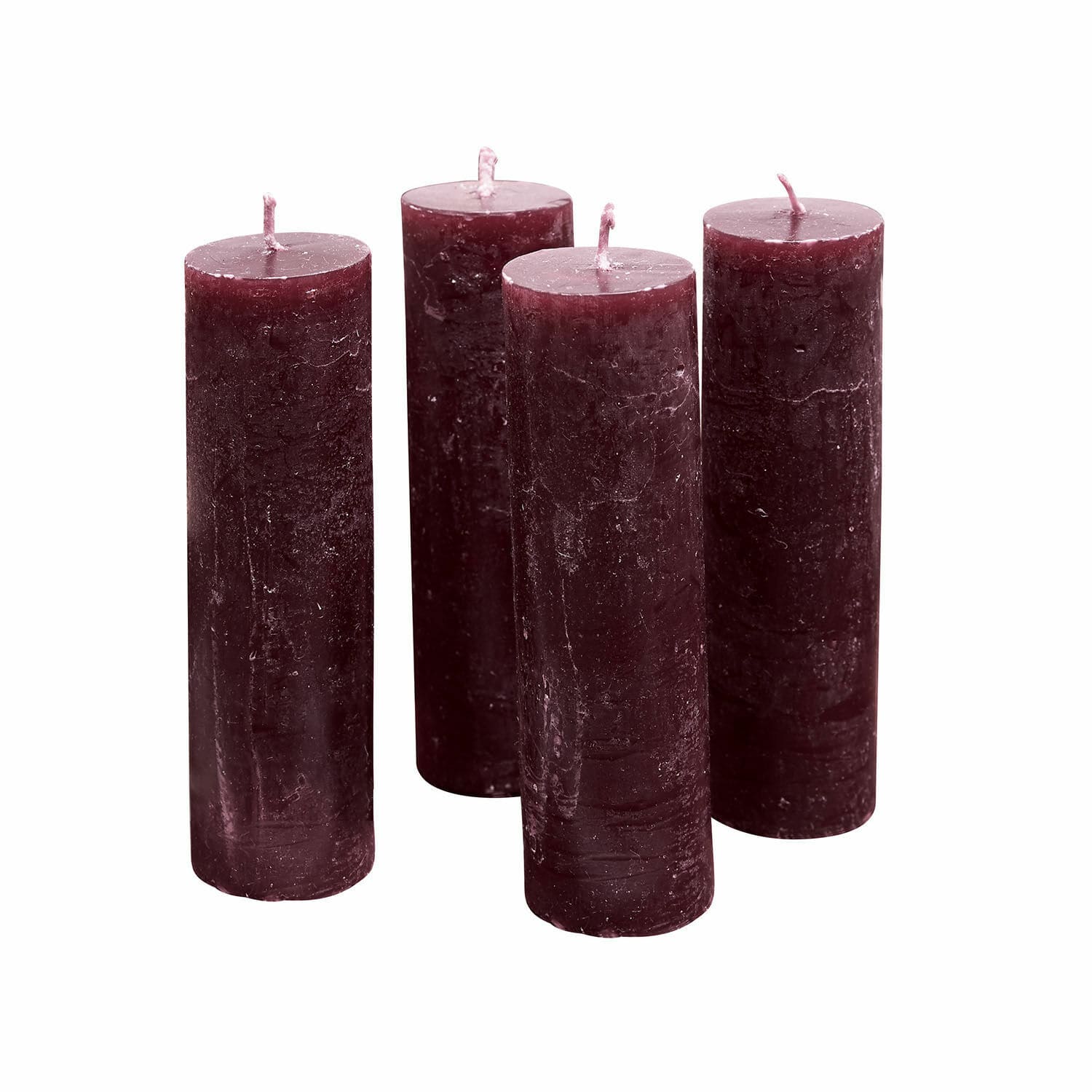Lot de 4 bougies Muriel Ensemble de quatre bougies cylindriques en cire de couleur bordeaux pour décoration intérieure