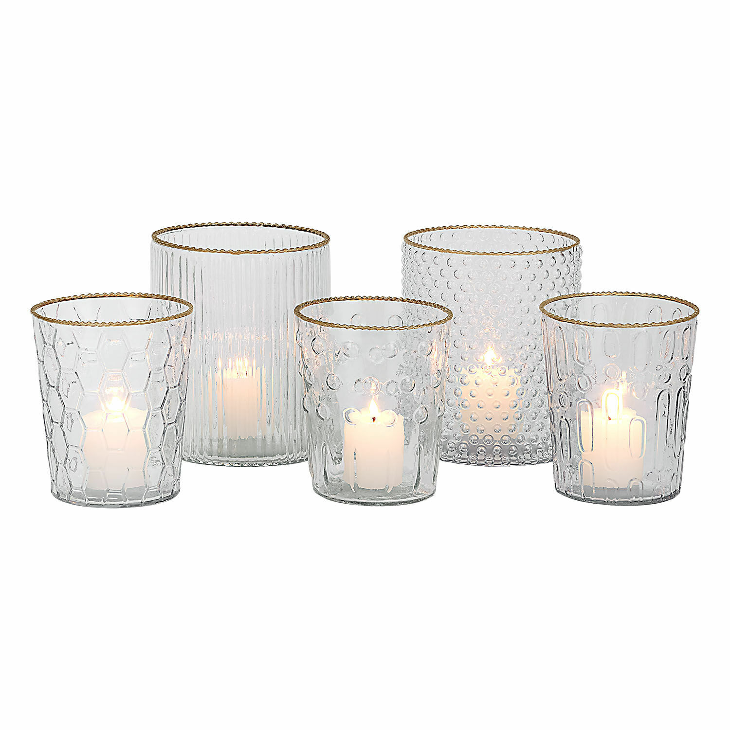 Lot de 5 photophores Rosienne Ensemble de 5 photophores en verre avec bord doré et textures variées pour décoration intérieure élégante