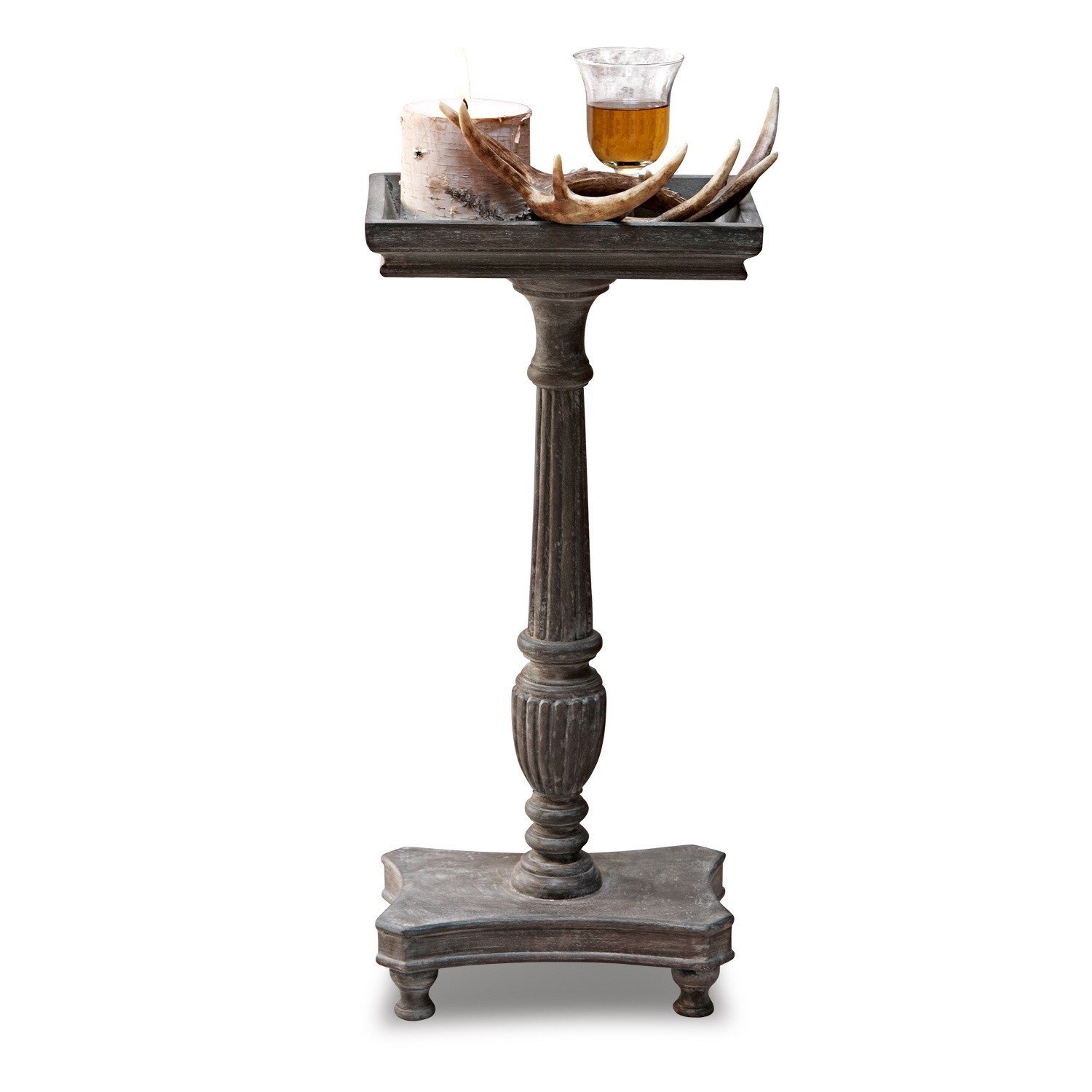 gris vieilli Table d'appoint Caren en bois gris brun avec bougie décorative et bois de cerf, style vintage