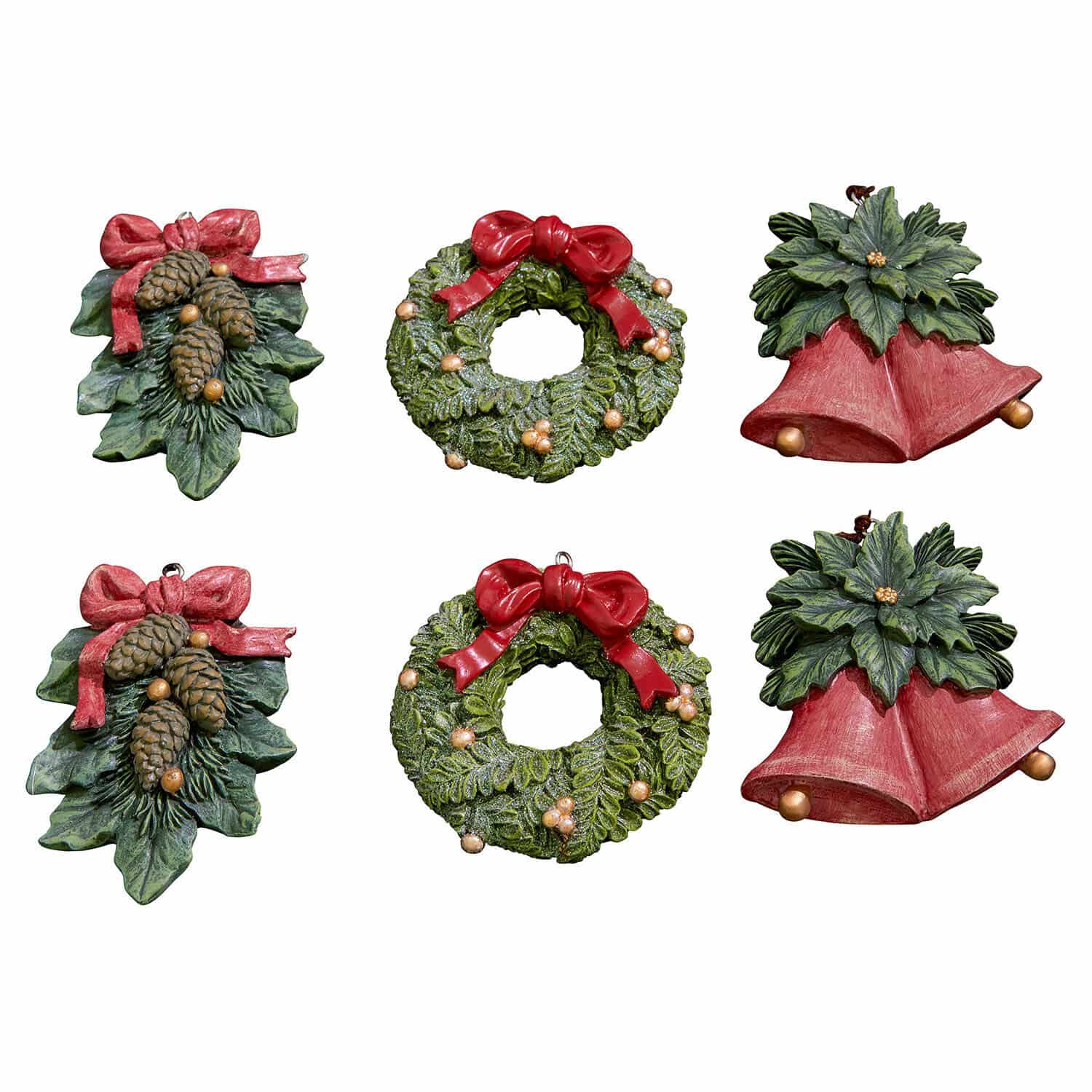 Lot de 6 décorations à suspendre Sarivena Ensemble de décorations de Noël vertes avec nœuds rouges et pommes de pin pour décoration intérieure