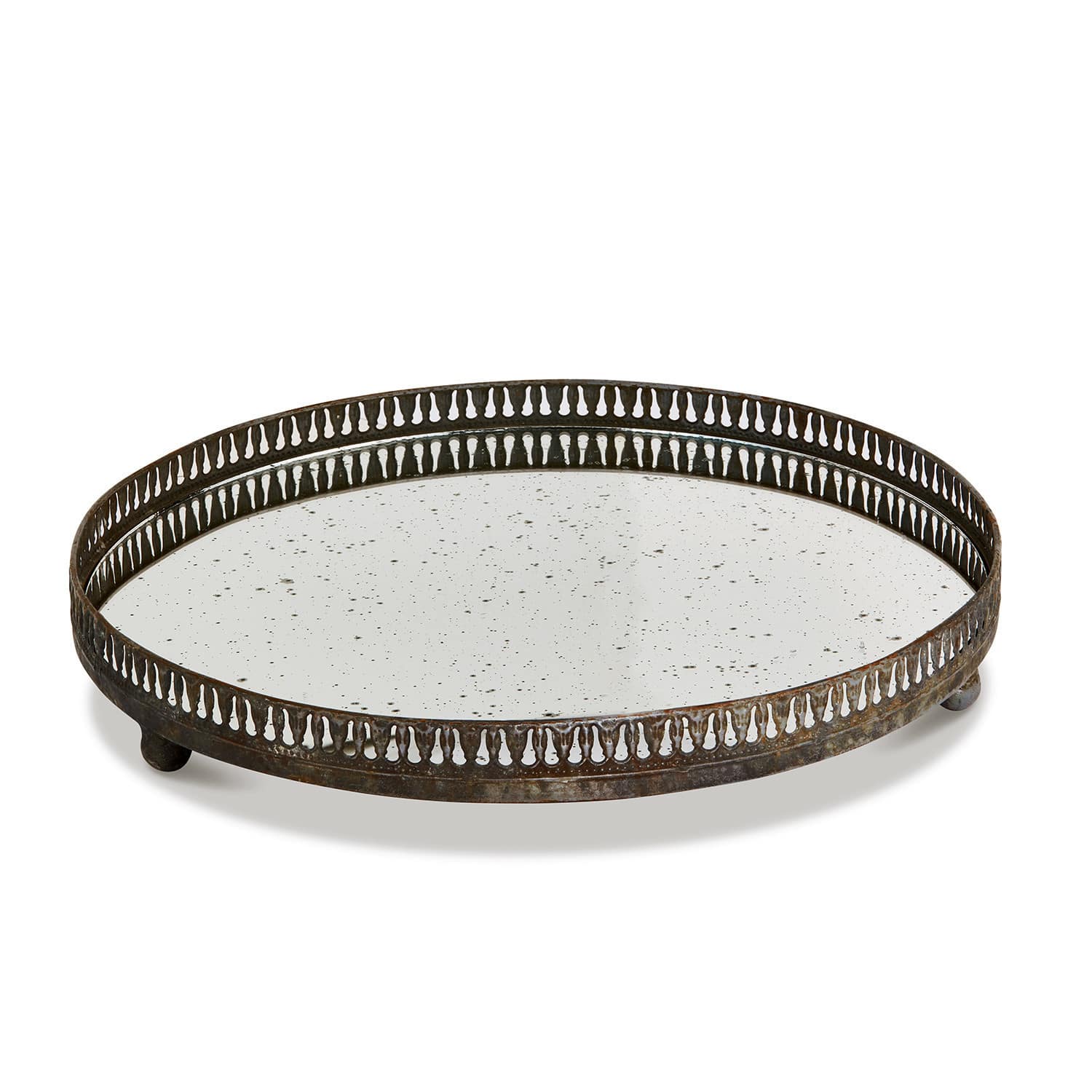 Plateau Tano Plateau rond décoratif en métal vieilli avec miroir argenté pour décoration intérieure