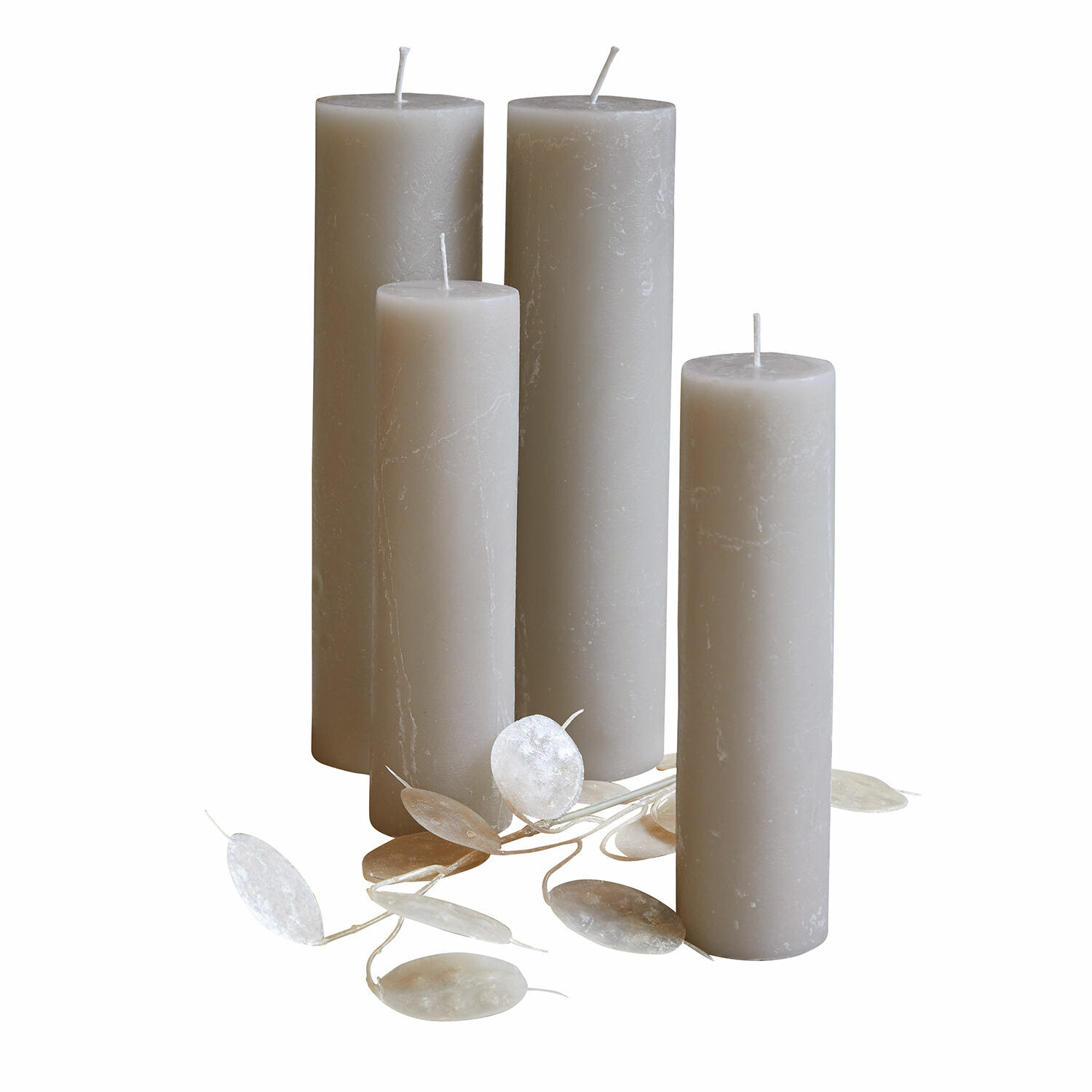 Ensemble de quatre bougies grises en cire avec feuilles naturelles pour décoration intérieure