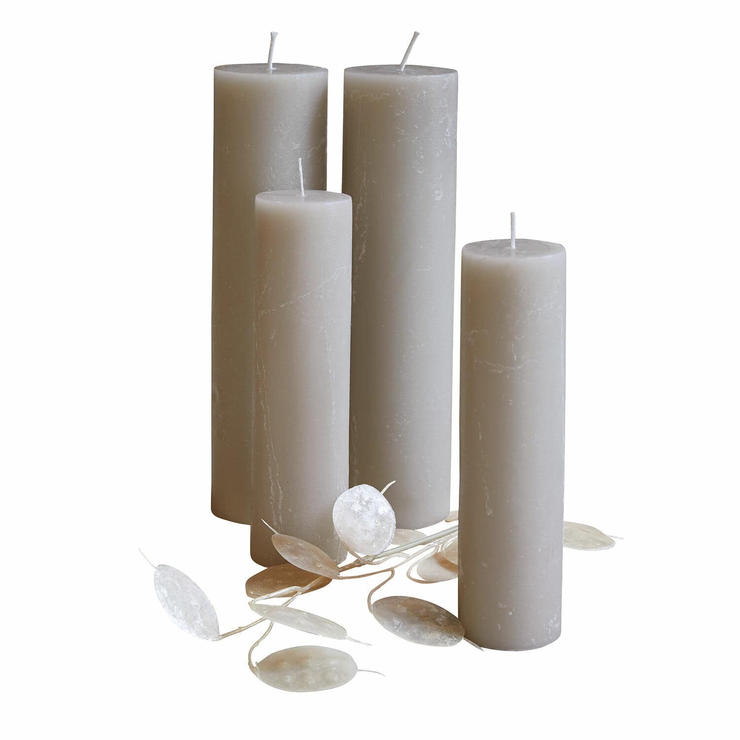 Lot de 4 bougies Avinal Ensemble de quatre bougies grises en cire avec feuilles naturelles pour décoration intérieure