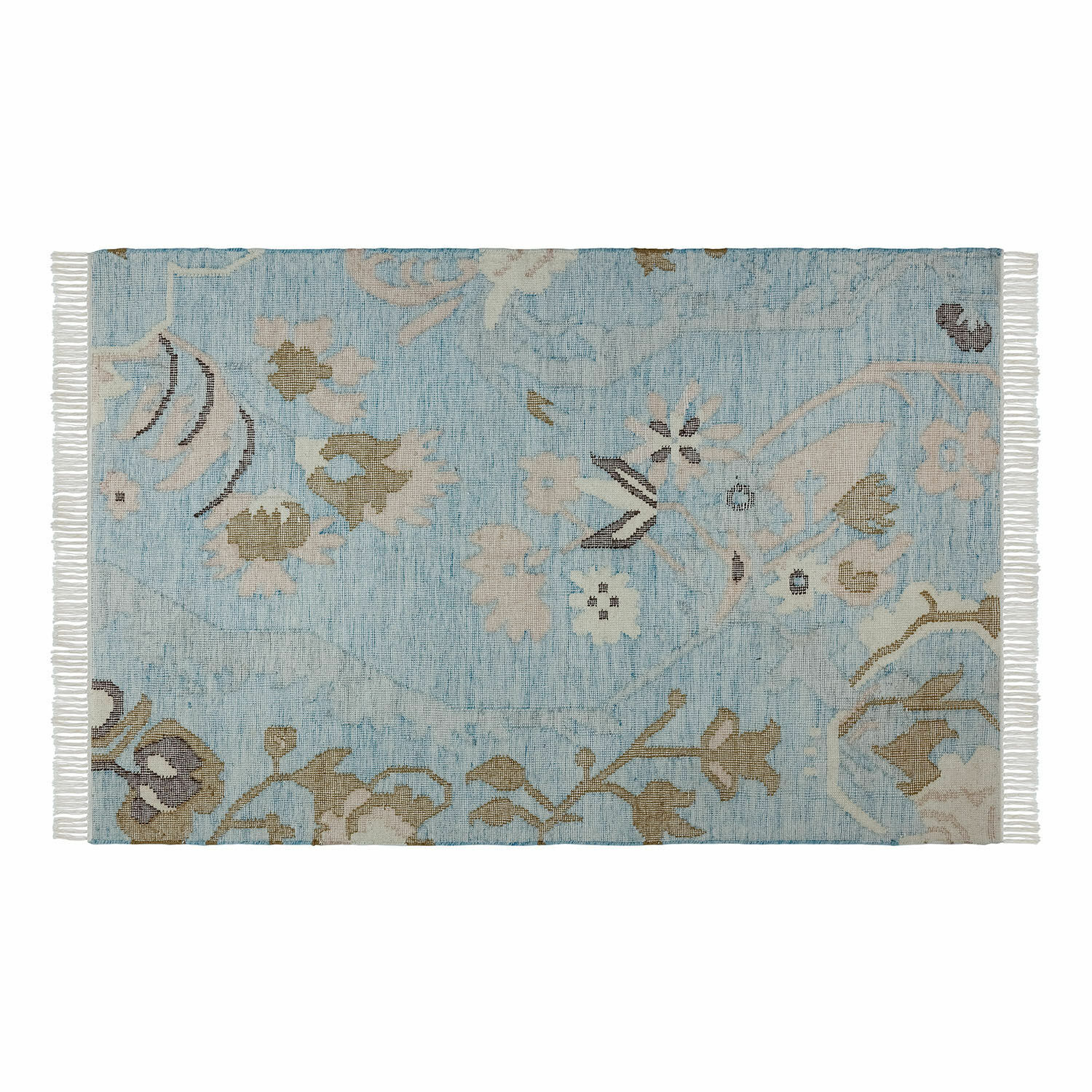 Tapis Nére Tapis en coton bleu clair avec motif floral et franges sur les côtés pour décoration intérieure