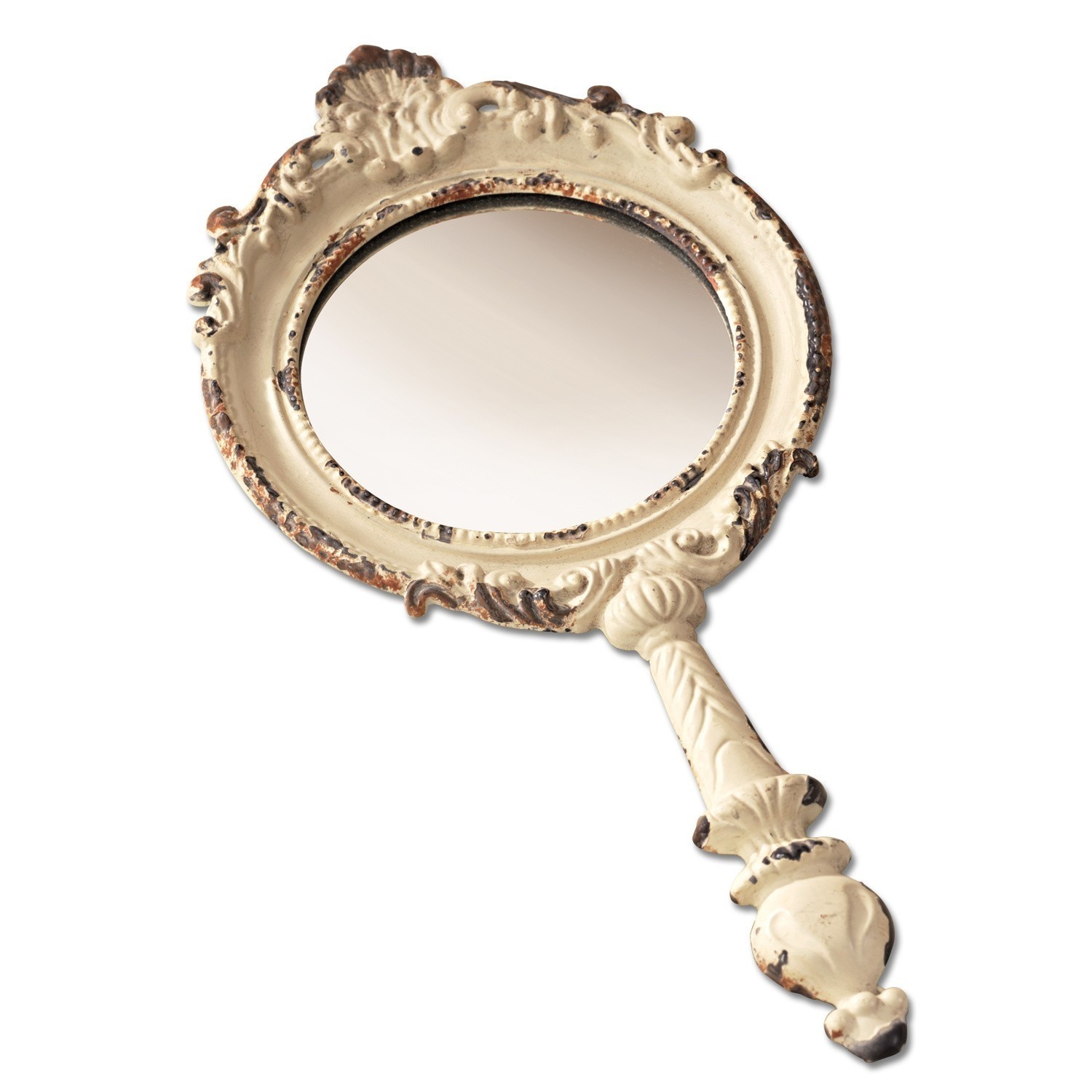 blanc vieilli Miroir à main Empur crème en métal orné style vintage, accessoire déco pour intérieur