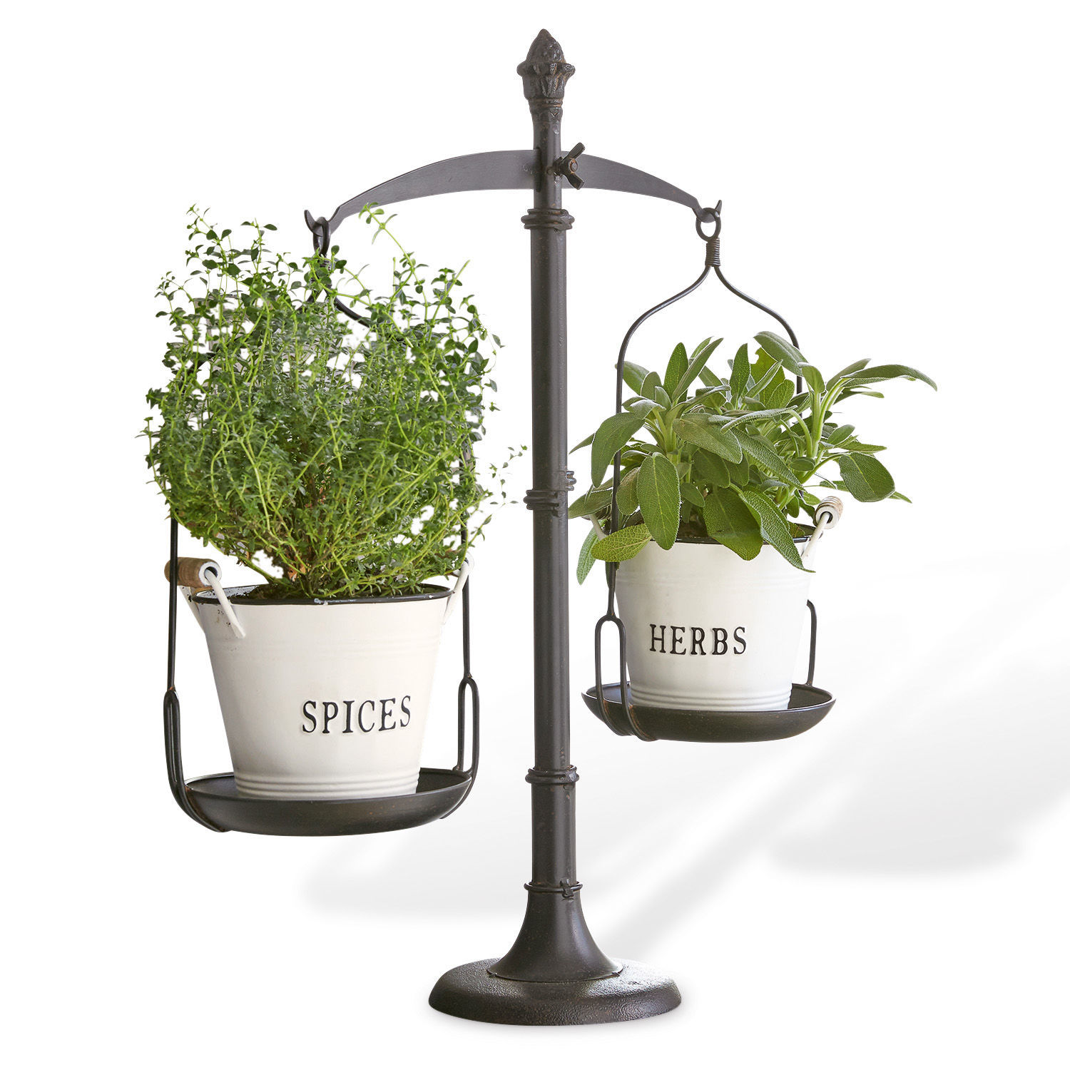 Balance décorative Tynne Balance en métal noir avec deux pots blancs pour herbes et épices avec plantes vertes