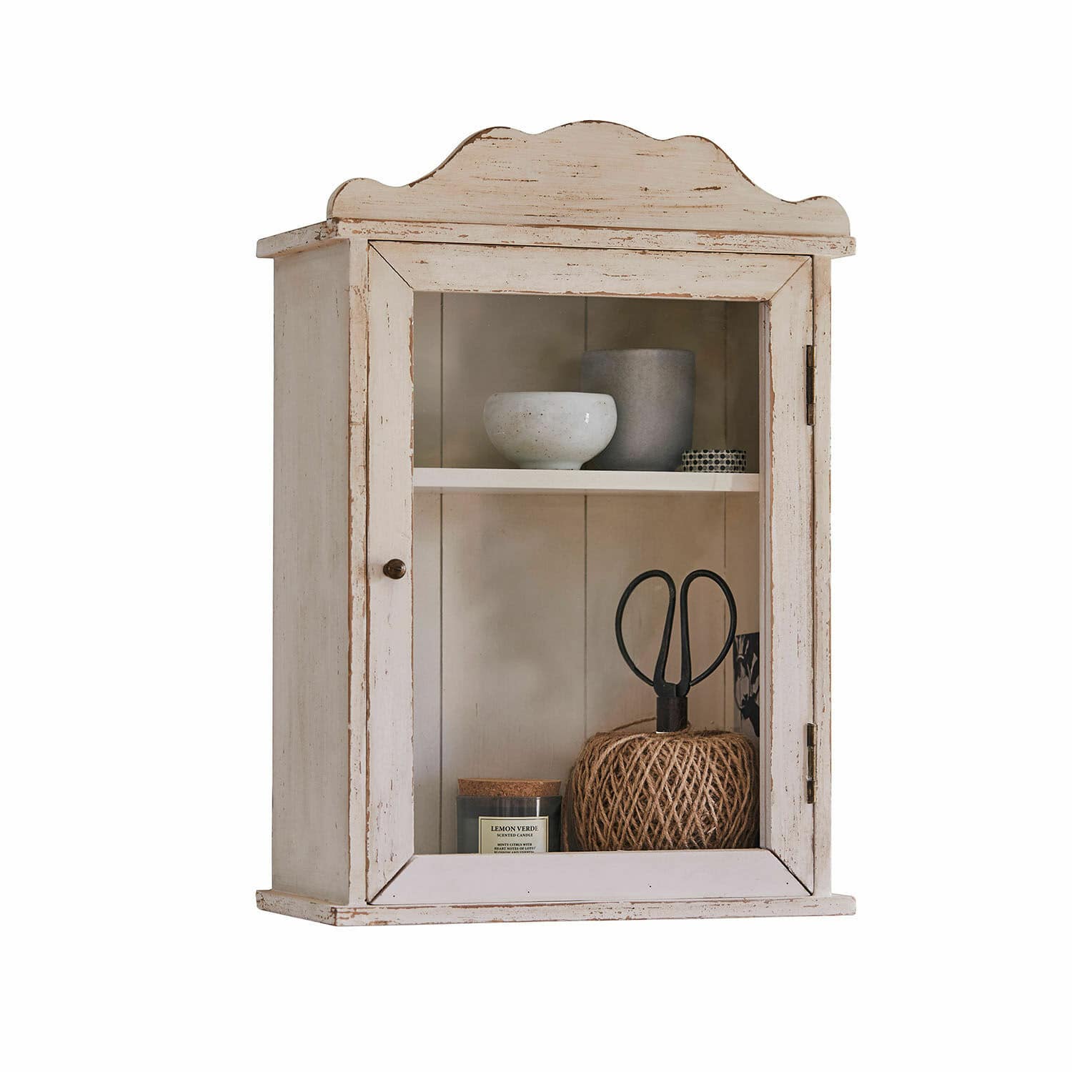 Meuble de rangement mural Sandrine Armoire murale rustique en bois blanc avec porte vitrée et étagère intérieure