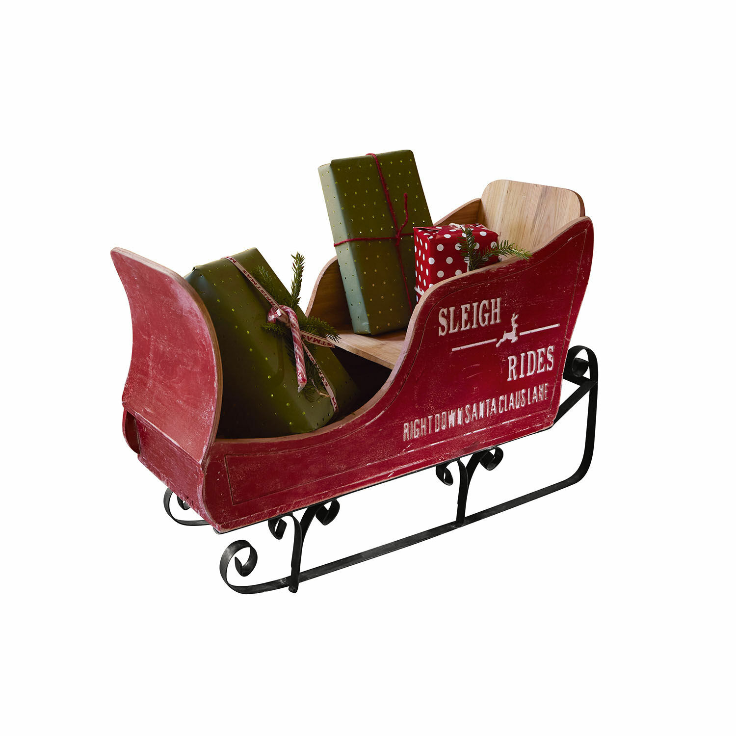 Luge décorative Maélys Luge en bois rouge avec patins en métal et cadeaux emballés en vert et rouge à pois blancs