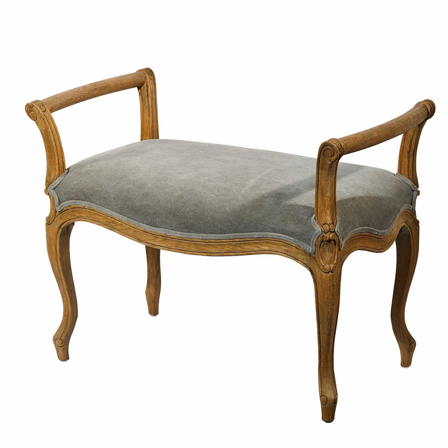 gris Banc Pierremont avec assise grise et cadre en bois sculpté style vintage pour salon