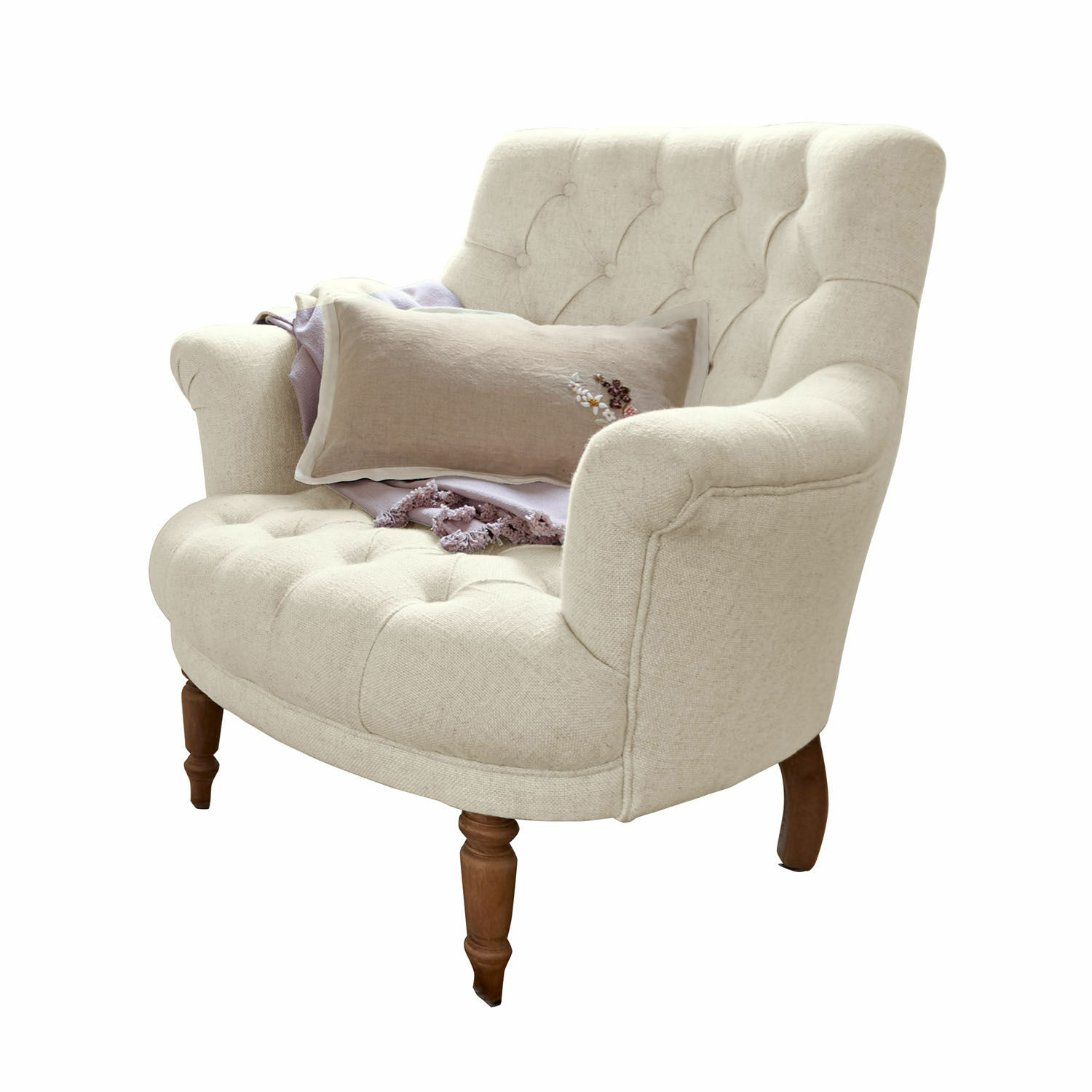 Fauteuil Rive Dorée Fauteuil beige en tissu avec pieds en bois et coussin décoratif, meuble confortable pour salon