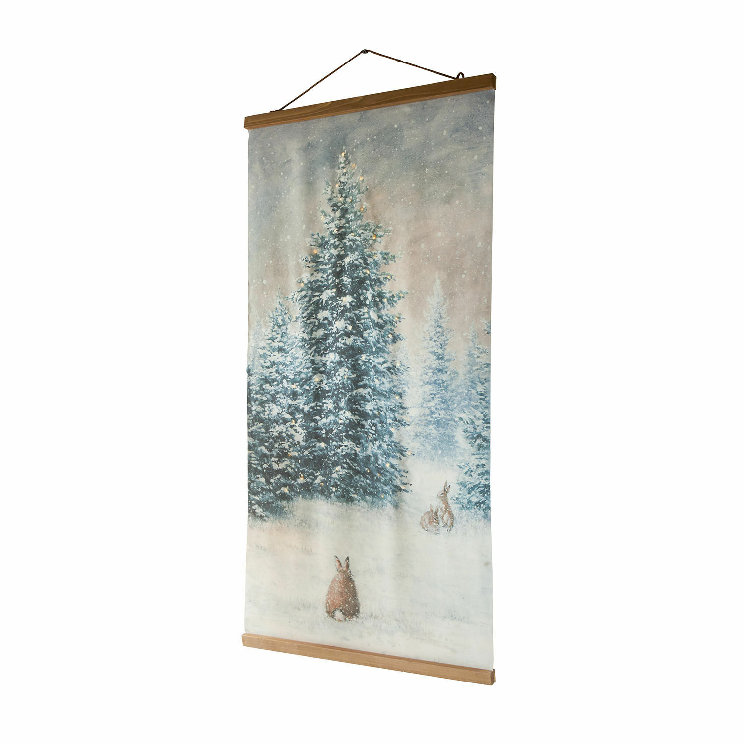 Toile avec LED Orpique Tableau suspendu avec motif hivernal de sapins enneigés et lapins sur tissu avec cadre en bois