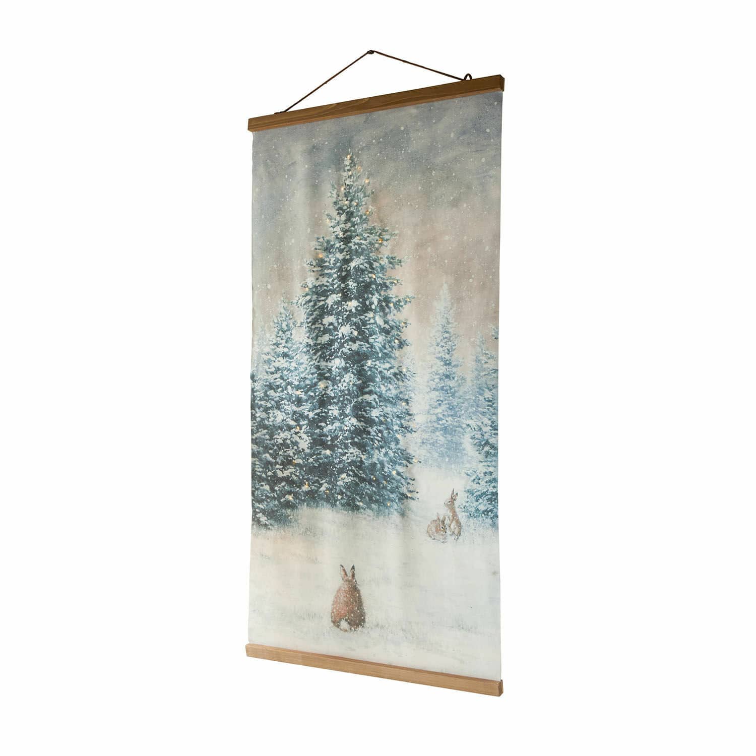 Toile avec LED Orpique Tableau suspendu avec motif hivernal de sapins enneigés et lapins sur tissu avec cadre en bois