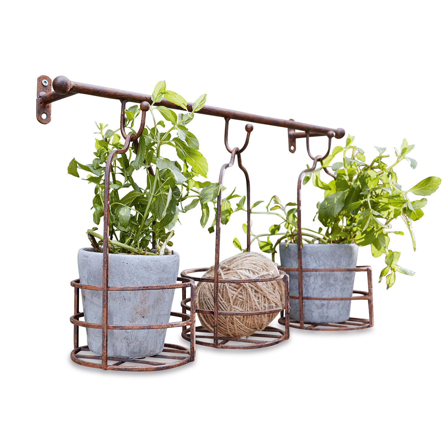 Étagère murale et paniers à plantes Hemente Support mural en métal rouillé avec trois porte-pots ronds pour plantes et corde de jardin