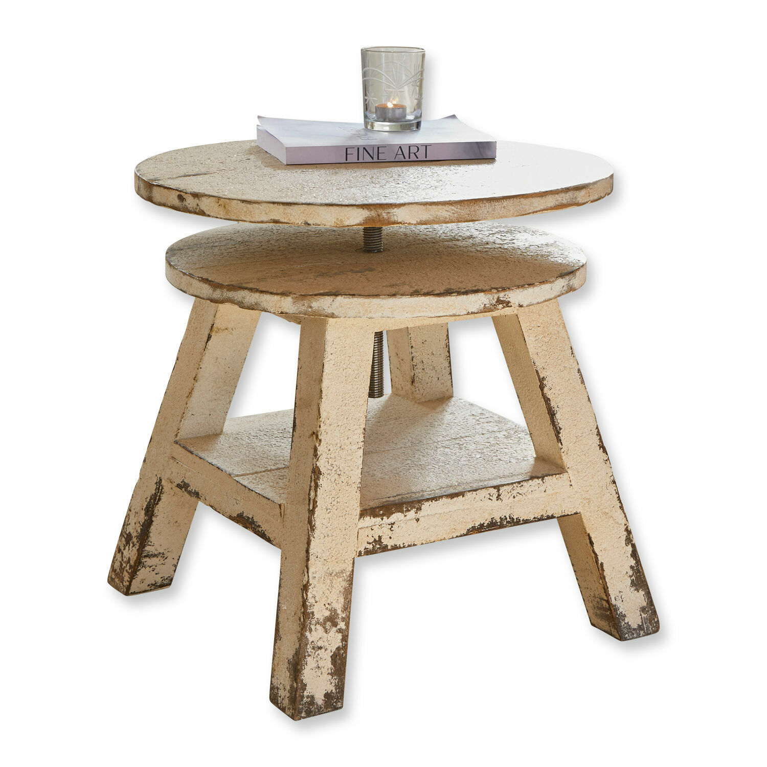 Table d'appoint Commeren Table ronde réglable en métal beige vieilli, idéale pour salon au style industriel