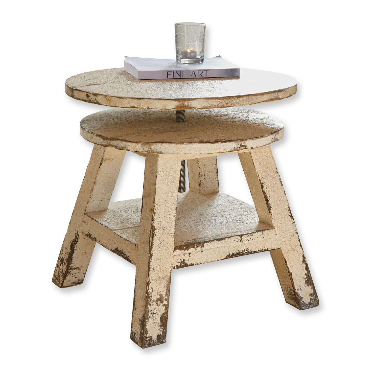 Table d'appoint Commeren Table ronde réglable en métal beige vieilli, idéale pour salon au style industriel