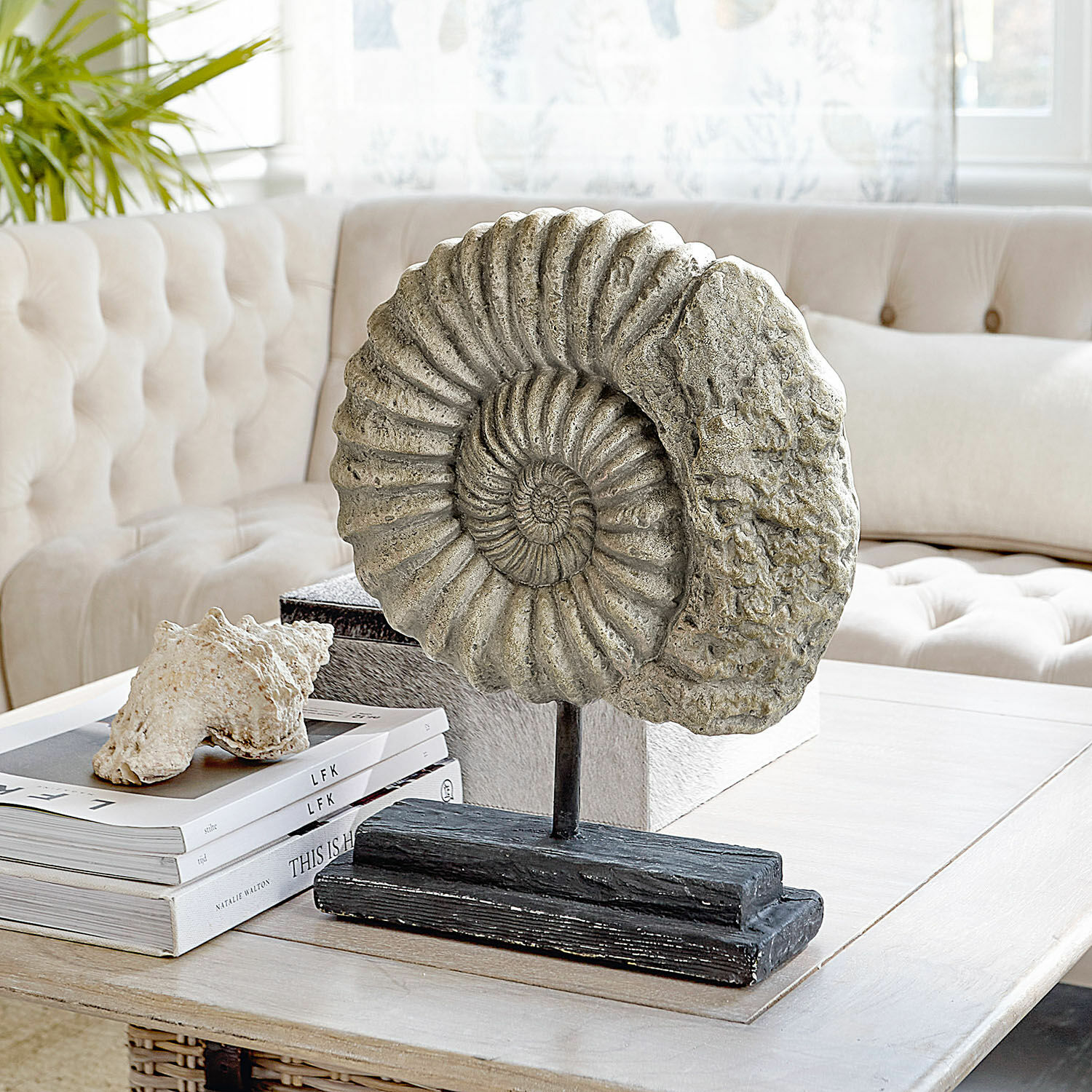Objet décoratif Dewey Sculpture décorative en forme d'ammonite en pierre sur socle noir posée sur une table basse