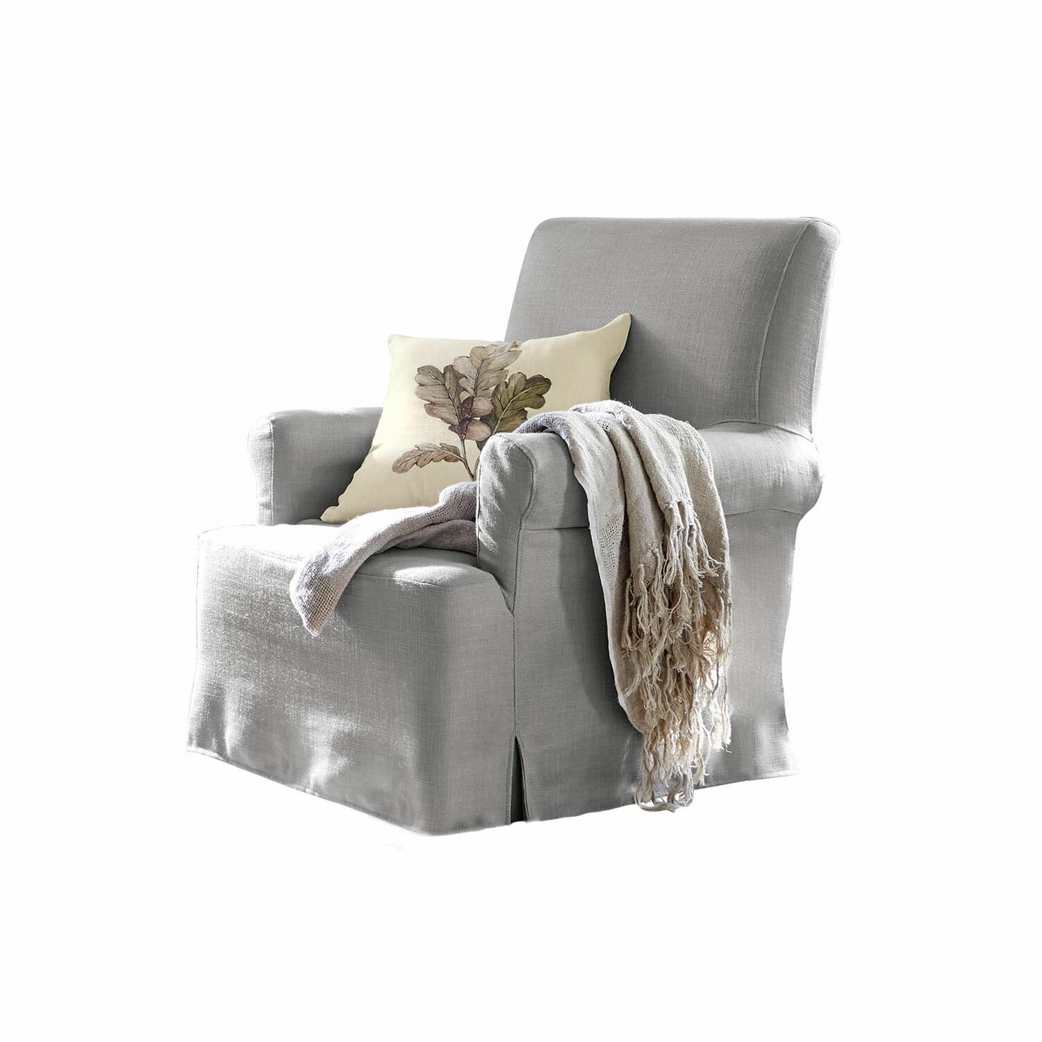Fauteuil Nasour Fauteuil gris en tissu avec coussin décoratif et plaid beige pour salon confortable