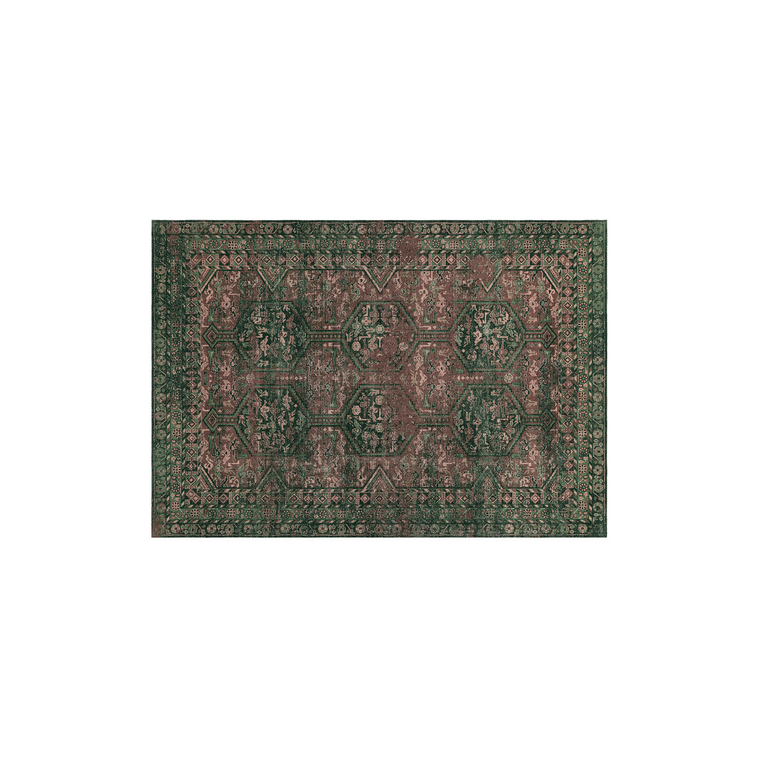 Tapis à motif oriental en nuances vertes et brunes, décoratif et élégant pour salon