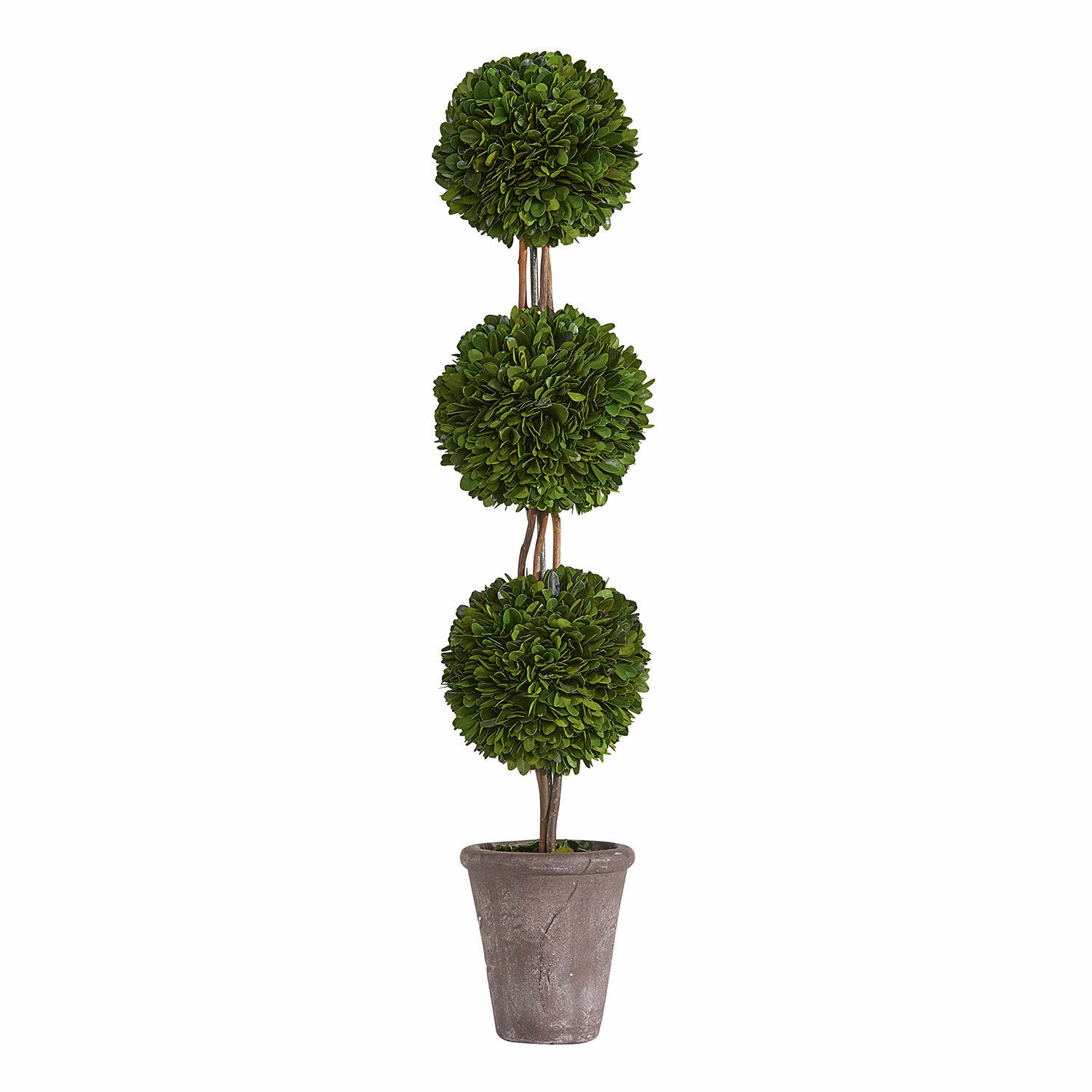 Arbre artificiel en pot avec trois boules vertes feuillues, décoration d'intérieur ou jardin