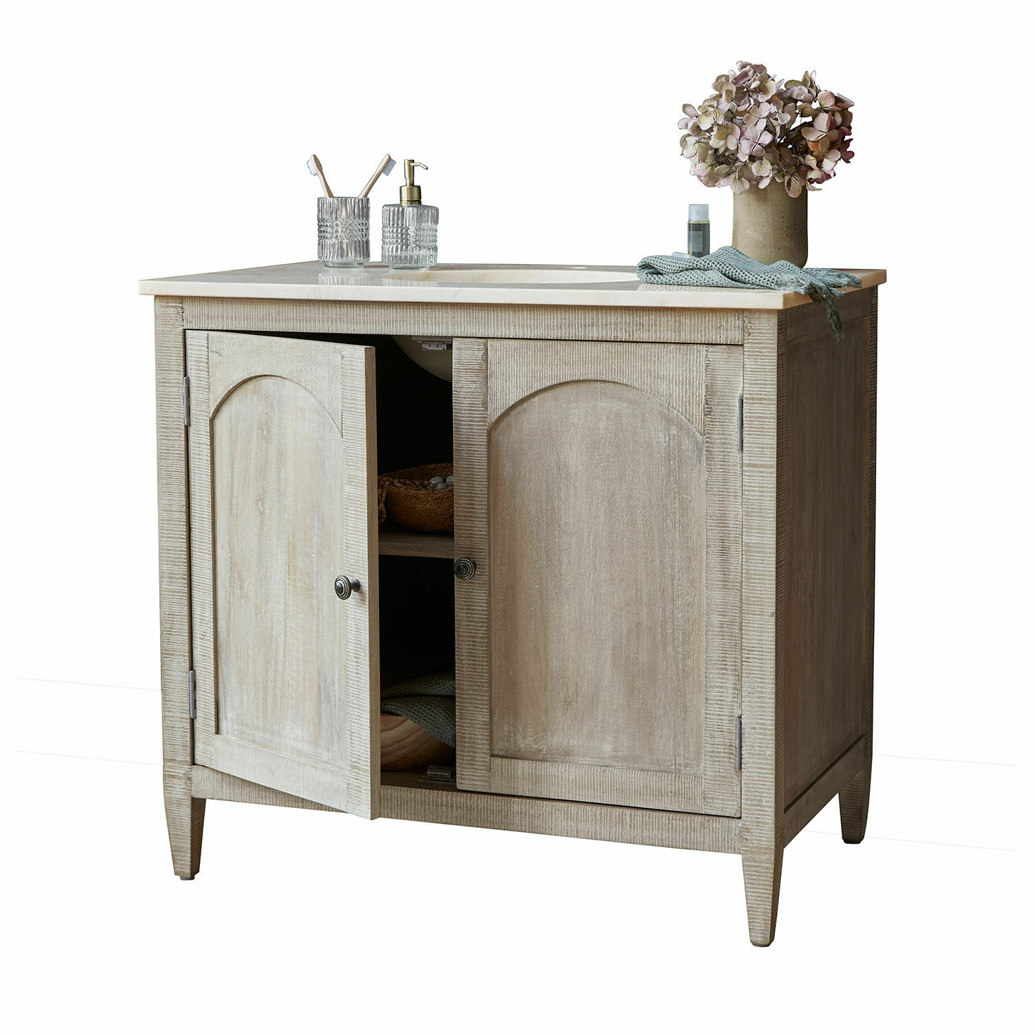 Meuble et vasque Strathmere Meuble de salle de bain en bois naturel avec plan en marbre et décoration florale