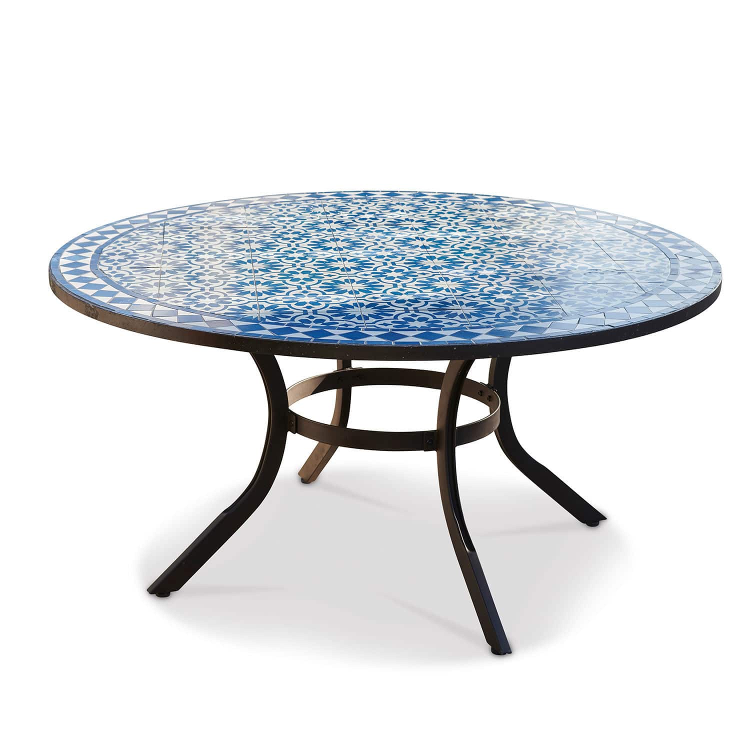 Table Jennarton Table ronde avec plateau en mosaïque bleu et blanc et pieds en métal noir pour jardin