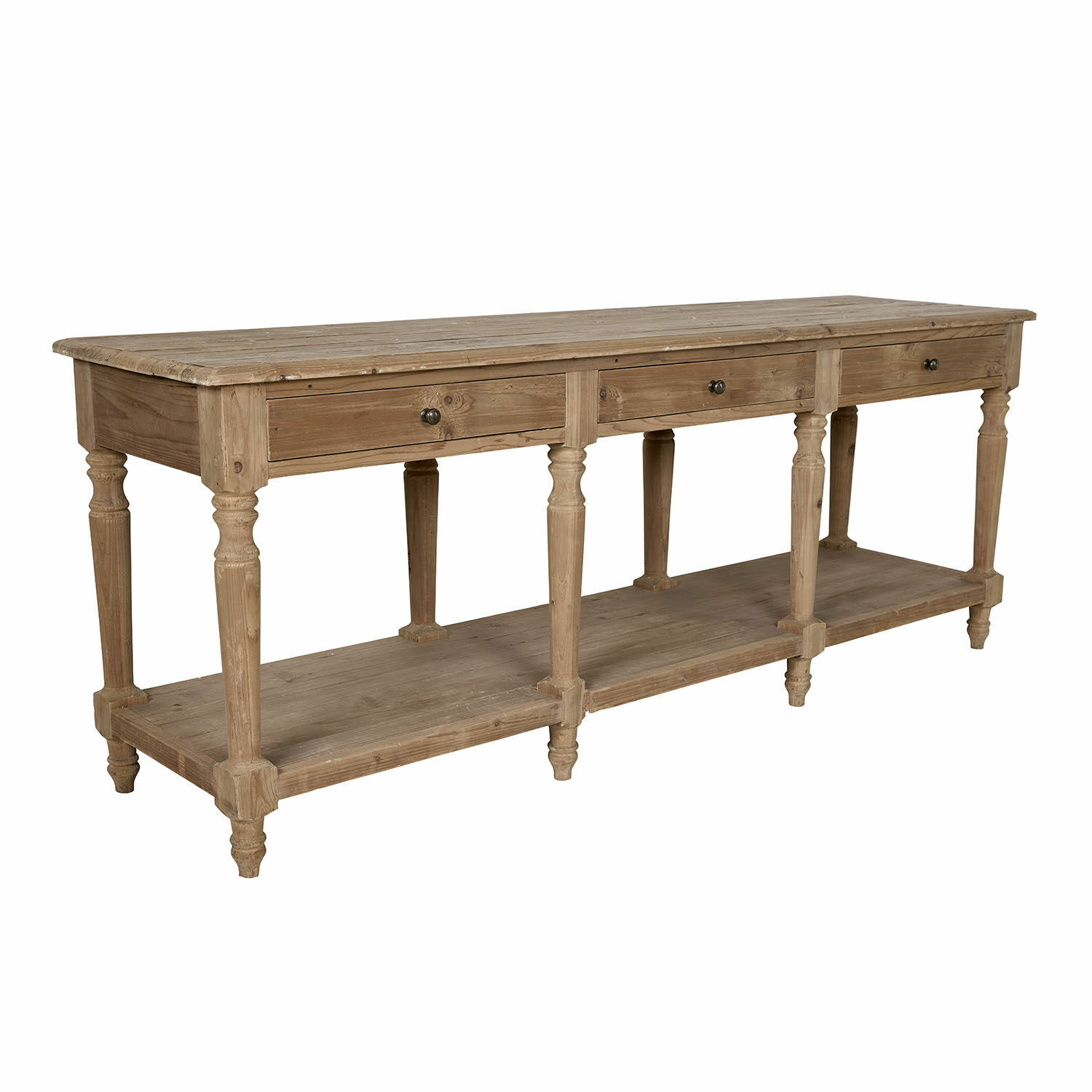 Console Misérieux Table console en bois naturel avec trois tiroirs et une étagère inférieure pratique