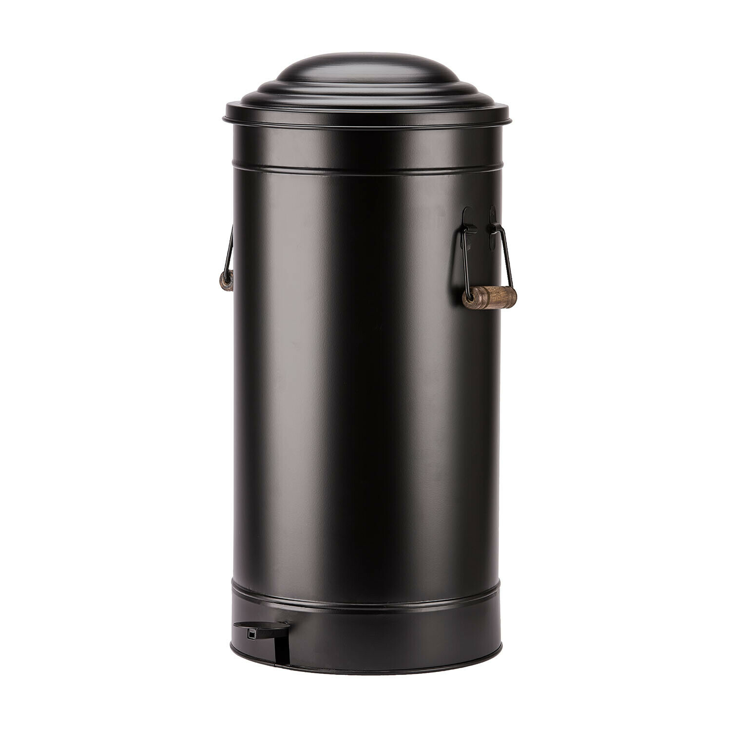 Poubelle noire en métal avec pédale et poignées en bois, design pratique pour la maison