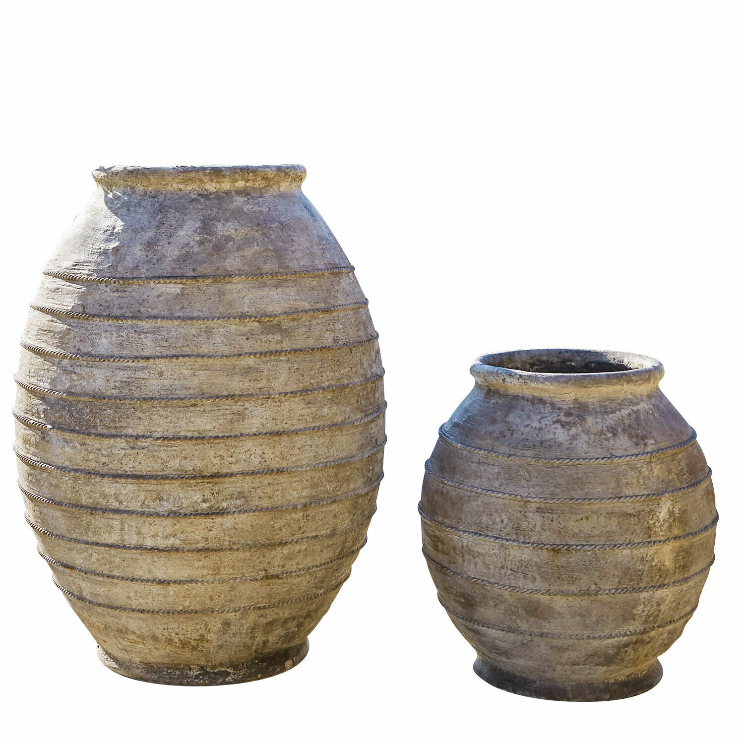 Lot de 2 cache-pots Aulan Deux grands vases en céramique grise avec bandes horizontales décoratives, décoration extérieure