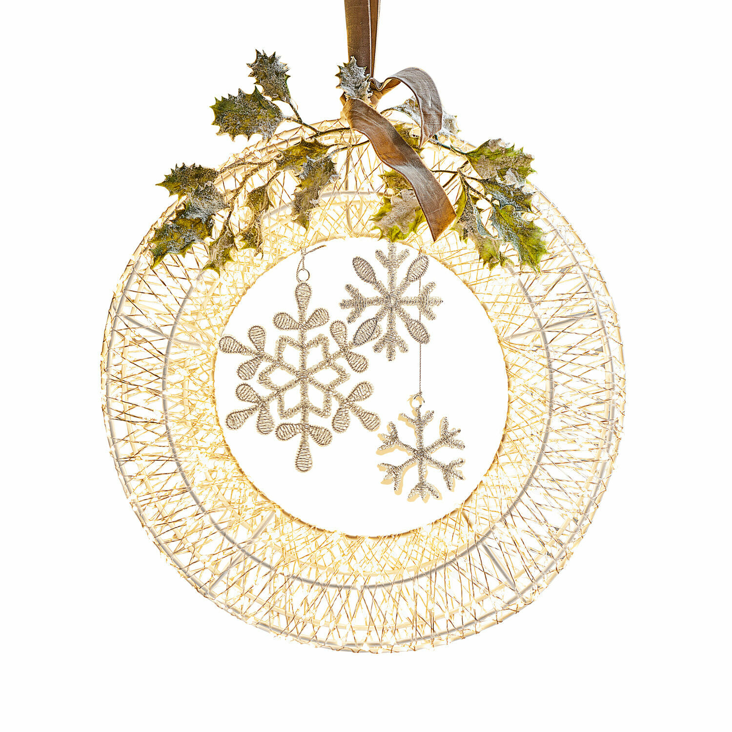 Couronne à LED Winsloe Couronne de Noël en métal doré avec décorations flocons de neige et feuilles de houx pour décoration festive