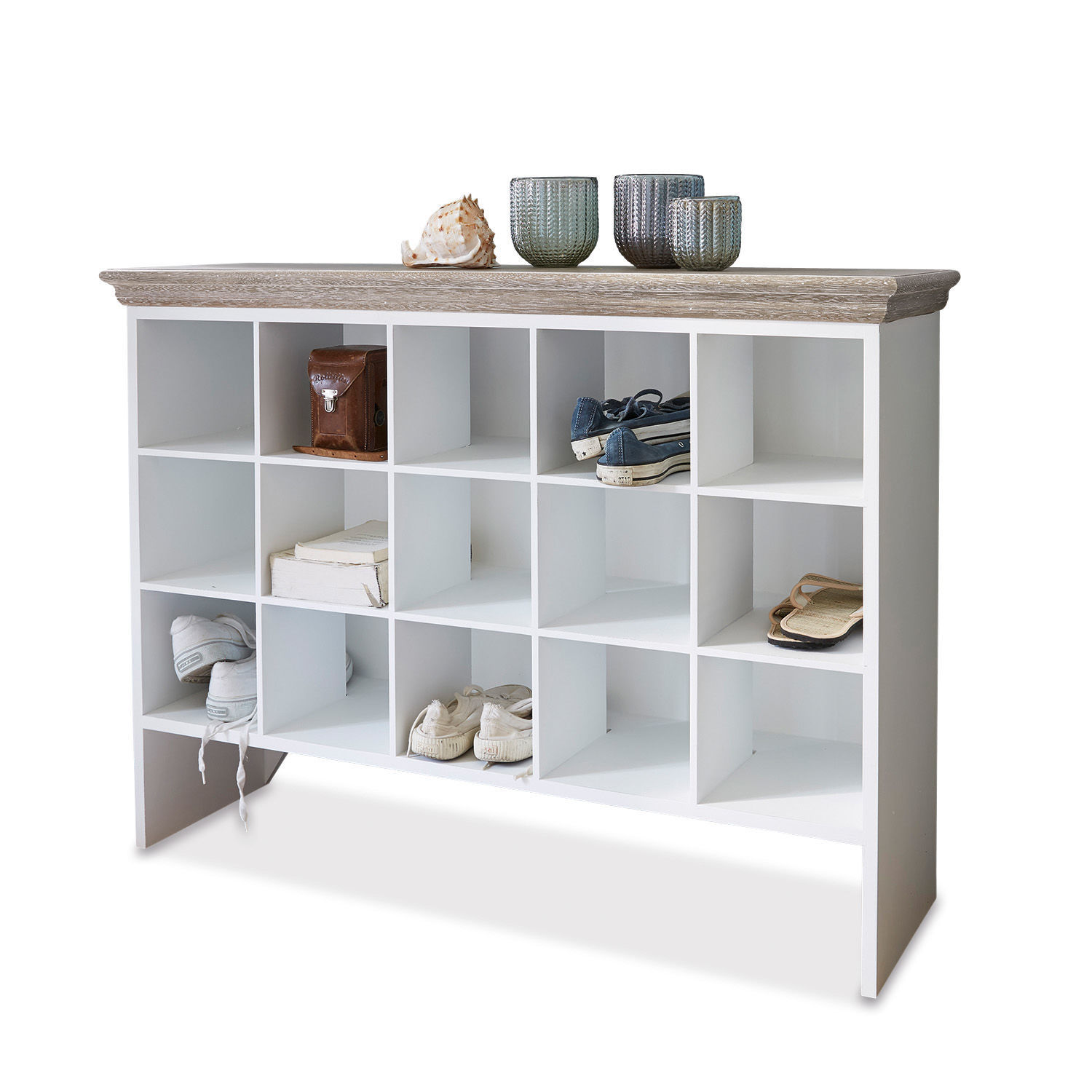 Meuble à chaussures Bobigny Étagère à chaussures blanche en bois avec 16 compartiments et plateau en bois clair, meuble pratique pour l'entrée