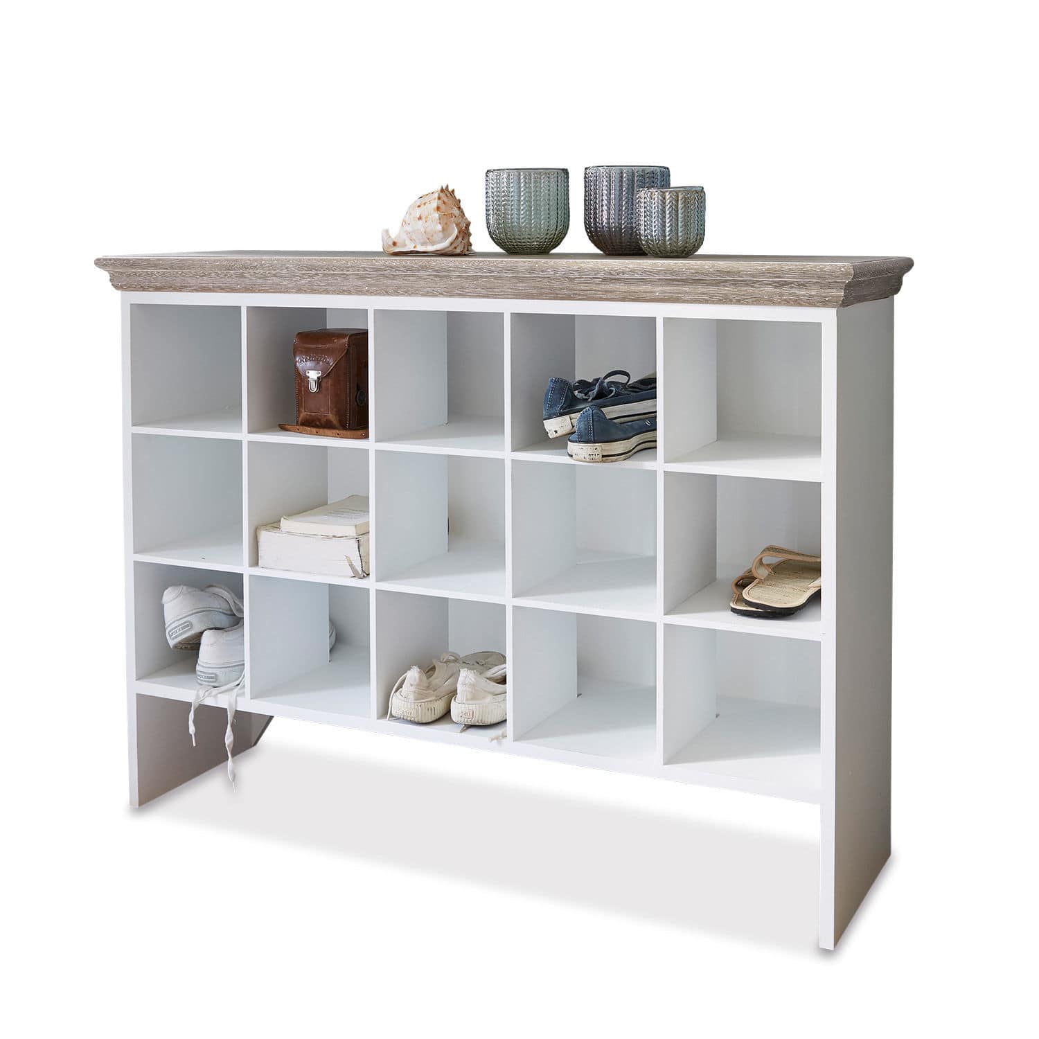 Meuble à chaussures Bobigny Étagère à chaussures blanche en bois avec 16 compartiments et plateau en bois clair, meuble pratique pour l'entrée