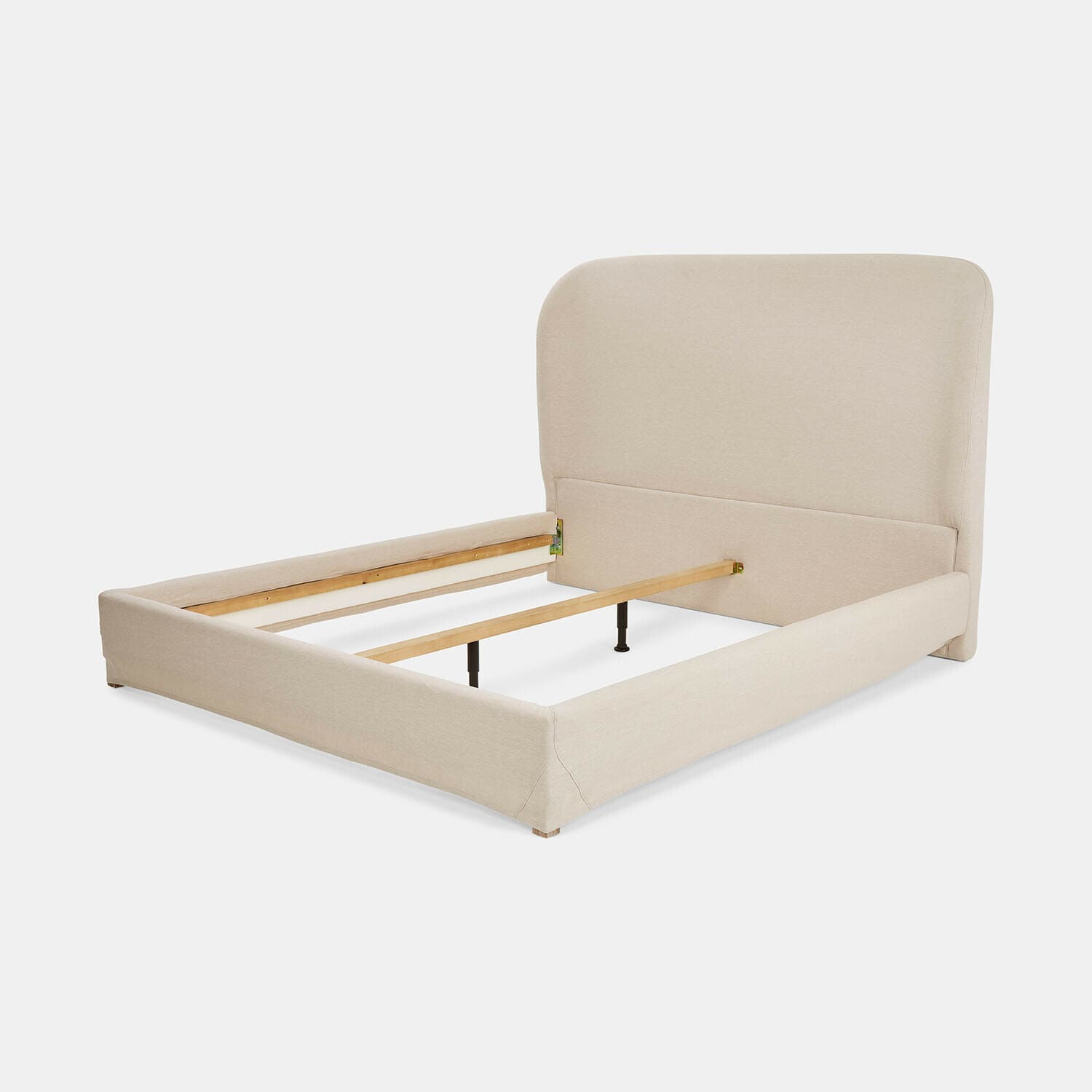 Cadre de lit rembourré beige avec tête de lit douce et structure en bois pour chambre à coucher