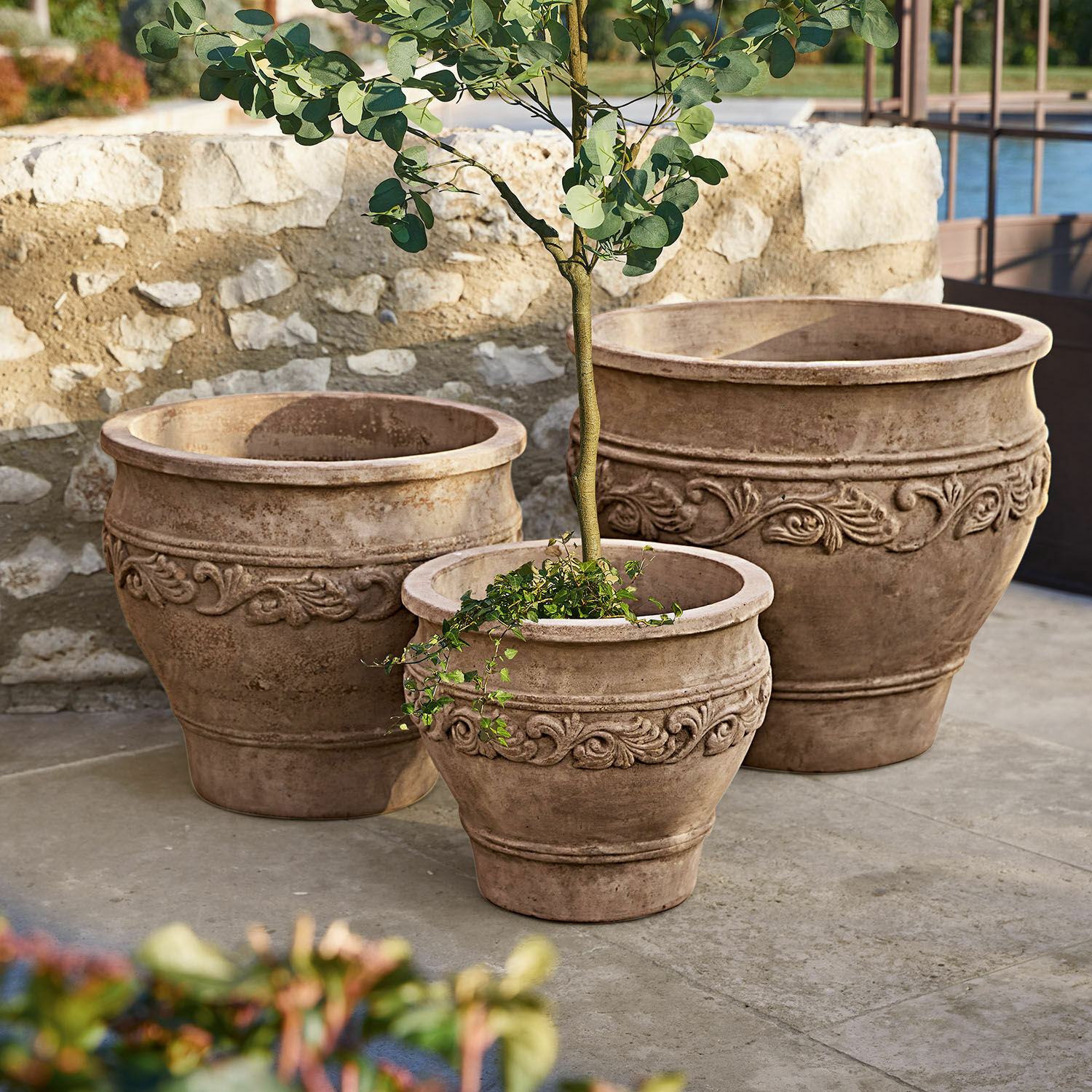 Lot de 3 cache-pots Sabugal Ensemble de trois pots décoratifs en terre cuite beige pour jardin ou terrasse