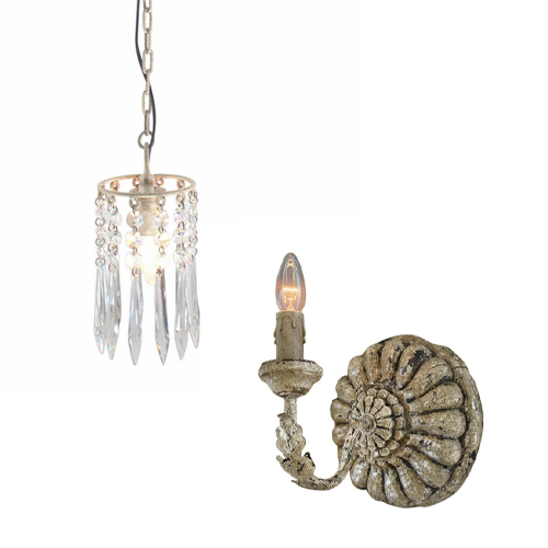 Ensemble de luminaires : suspension avec pampilles en cristal et applique murale rétro beige