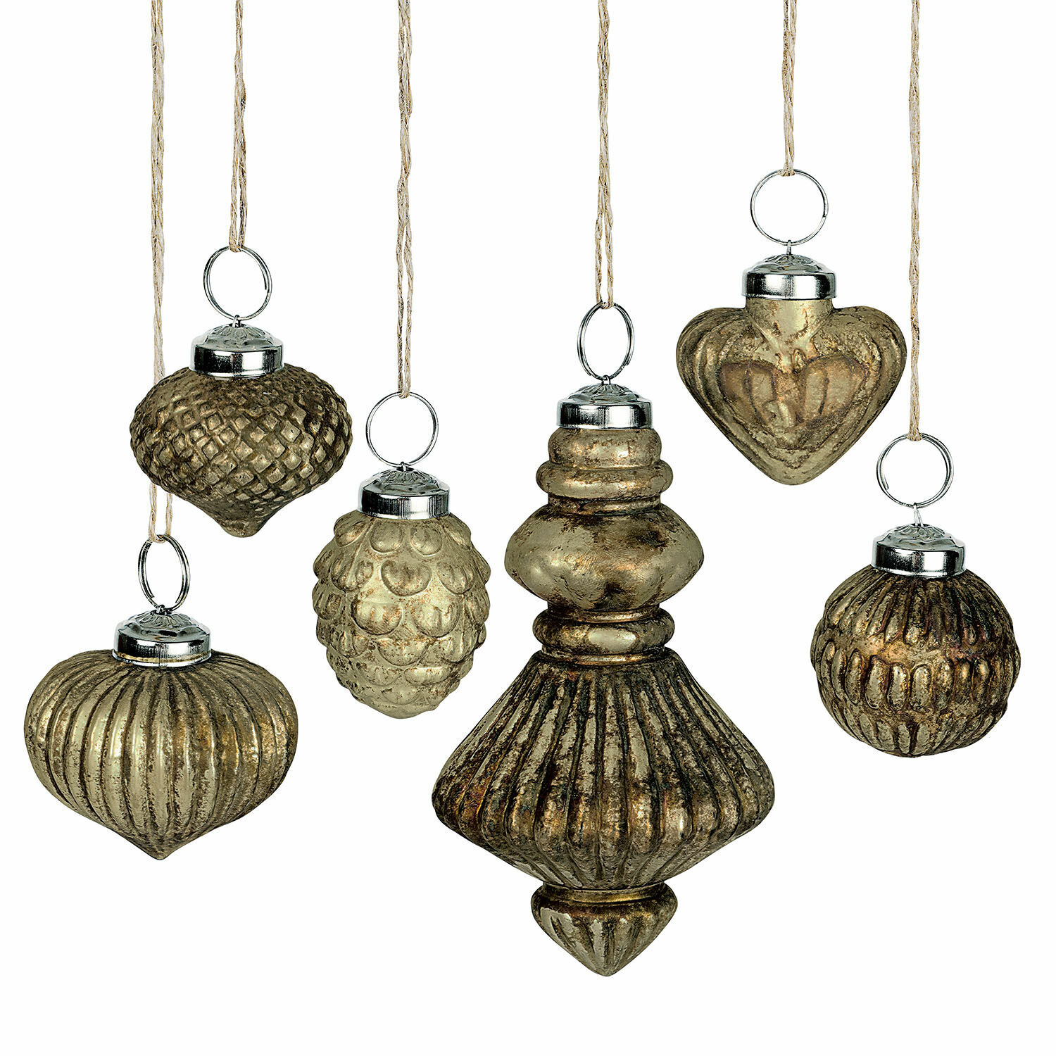 Lot de 6 décorations de Noël Ménoire Ensemble de six décorations de Noël dorées avec différentes textures et formes pour décoration festive