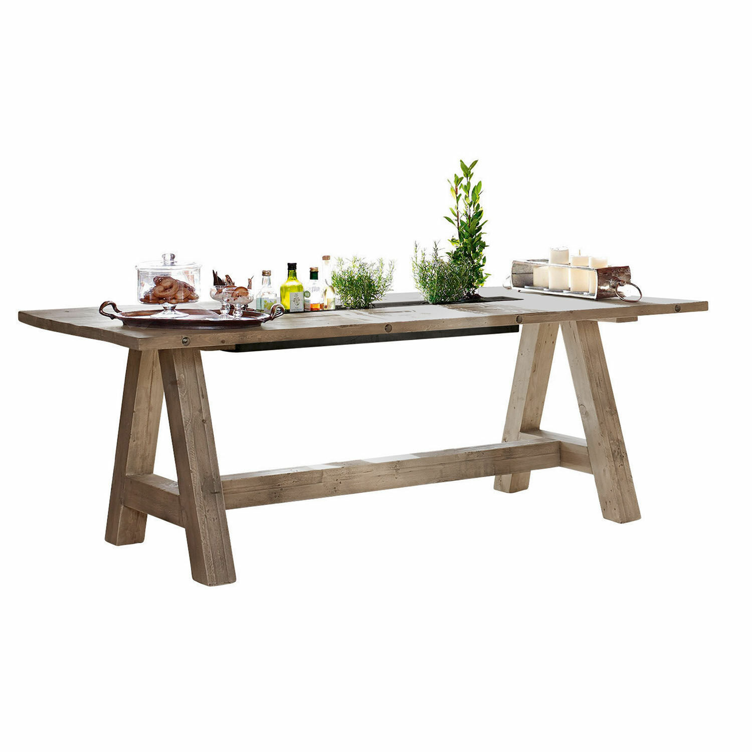 Table Berrien Table à manger en bois couleur naturelle avec plantes décoratives et bougies sur le dessus